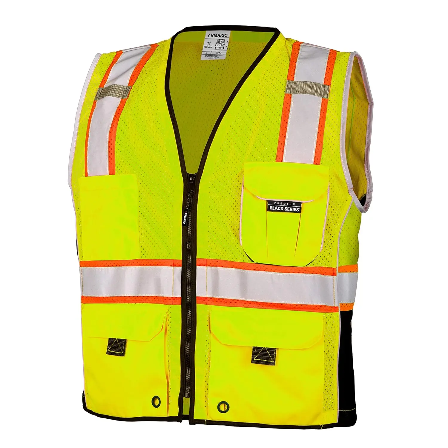 Kishigo Premium Black Series Heavy Duty Unisex Reflective Safety Vest 1513, ANSI Type R / Class 2 Compliant, 6 Pockets - Pencil & Radio Pockets, Reflective Silver Lining & Black Trim, Extra Large