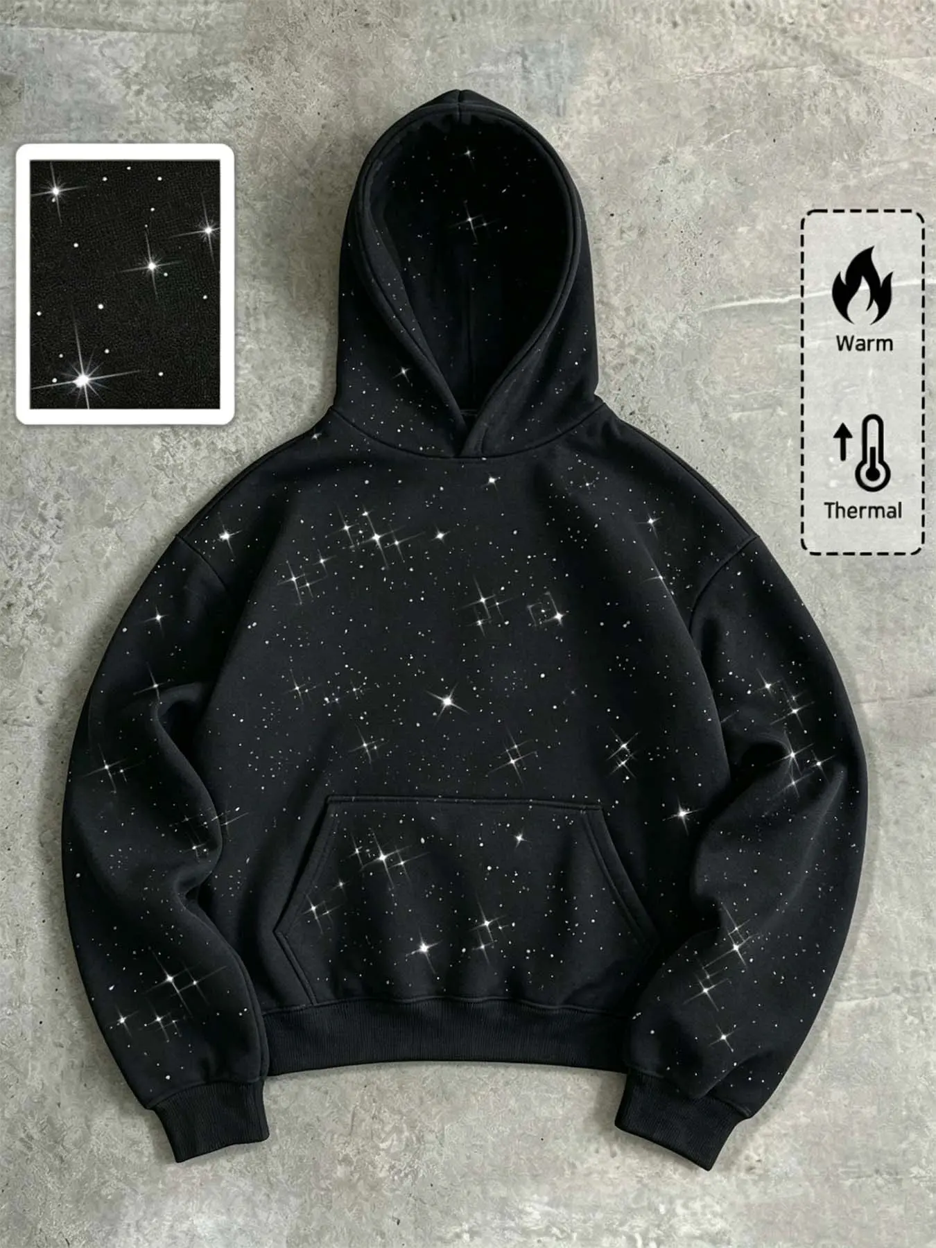 Black Starry Night Full Star Glitter Long Sleeve Pullover Hoodie, Men's Warm Hooded Jacket Street Style Black Athletic Hoodie