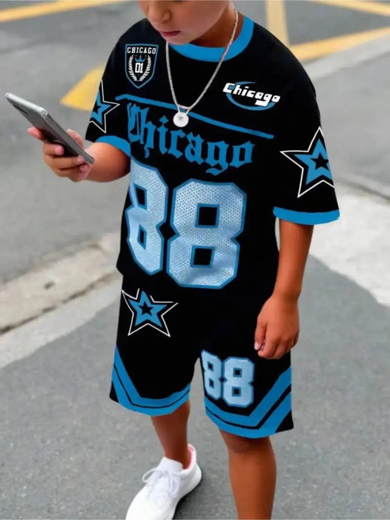 American Chicago 88 Kids Summer Sport Set, Boy's Cool Basketball Style Two-Piece Jersey Set, Casual Slim-Fitting Graphic Pattern