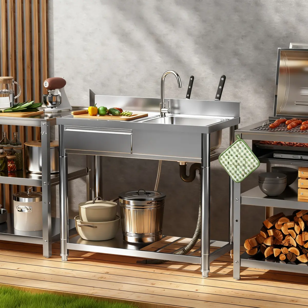 304 Stainless Steel Outdoor Utility Sink with Workbench & Storage Shelf, Freestanding Prep Table with Left Drawer, 39" Garden Patio Sink Station with 360° Hot & Cold Water Faucet    RR