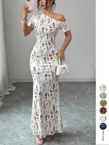 Asymmetrical Shoulder Floral Fish Tail Long Dress, Waist Cinch Slimming Pure Desire Butt Lift Dress, Chic Date Night Dress, Beach Vacation Dress