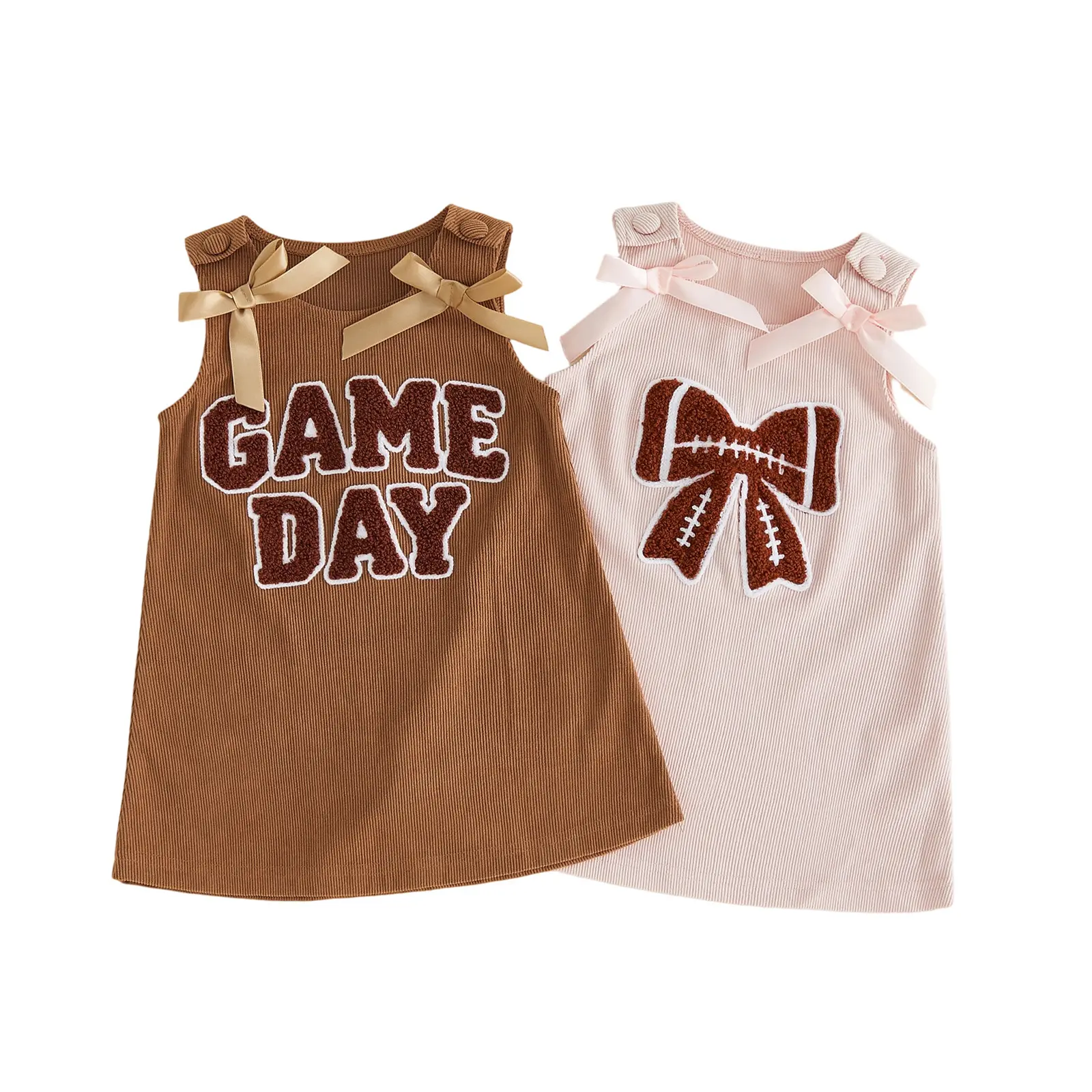 Toddler Baby Little Girls Tank Dress Corduroy Buttoned Shoulders Letter/Football Embroidery Sleeveless Dress 6M-4T