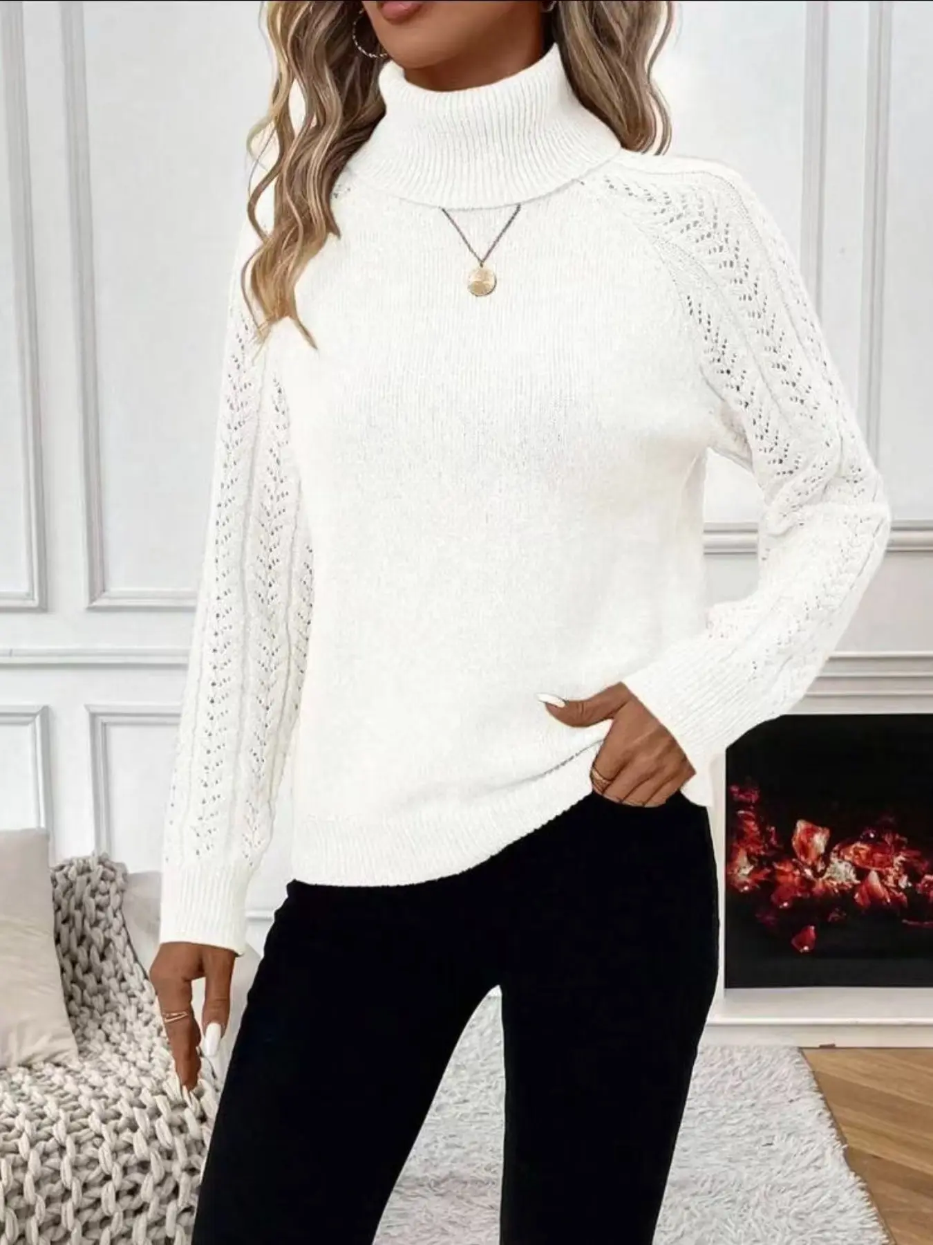 French High Neck Knit Top for Women, Fall Winter Hollow Out Cable Long Sleeve Slim Fit Sweater, Soft and Cozy Innerwear