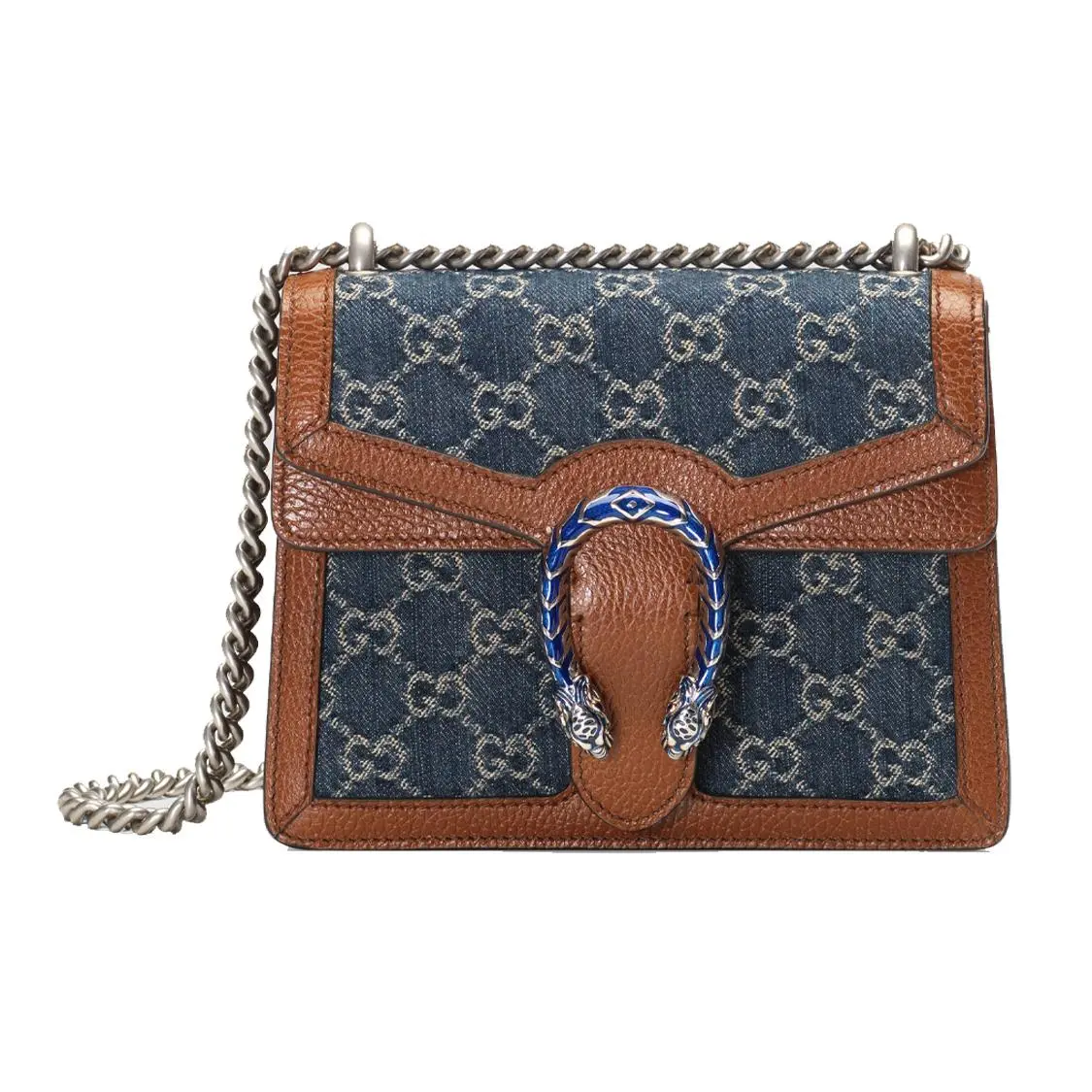 Gucci Dionysus Mini Crossbody Bag for Women – Distressed Tiger-Head Clasp, GG Monogram Chain, Denim and Leather Trim, Grey-Blue and Brown
