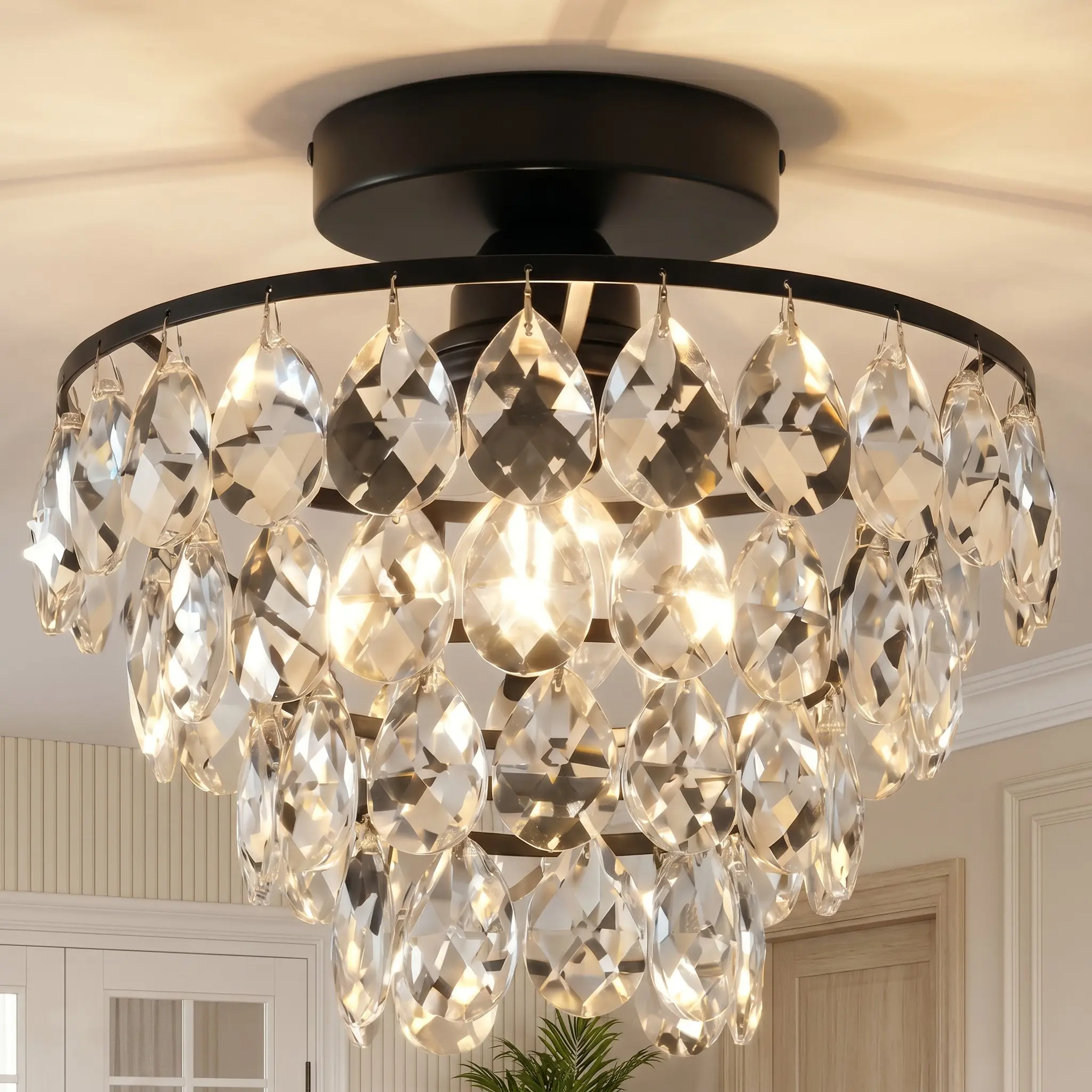 Modern Black Ceiling Light, Dimmable Light 10-Inch Small Round Crystal Chandelier, Flush Mount E27 Socket Light Fixture for Living Room Dining Room Bedroom Kitchen Foyer Lobby Entryway, Bulbs Not Included