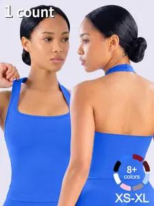 1/2/3 Pcs Women's Yoga Halter Neck Tank Top with Removable Pads, Three-Layer Seamless Backless Tank Tops Casual Solid Color Soft All Seasons Wear, Yoga Sportswear