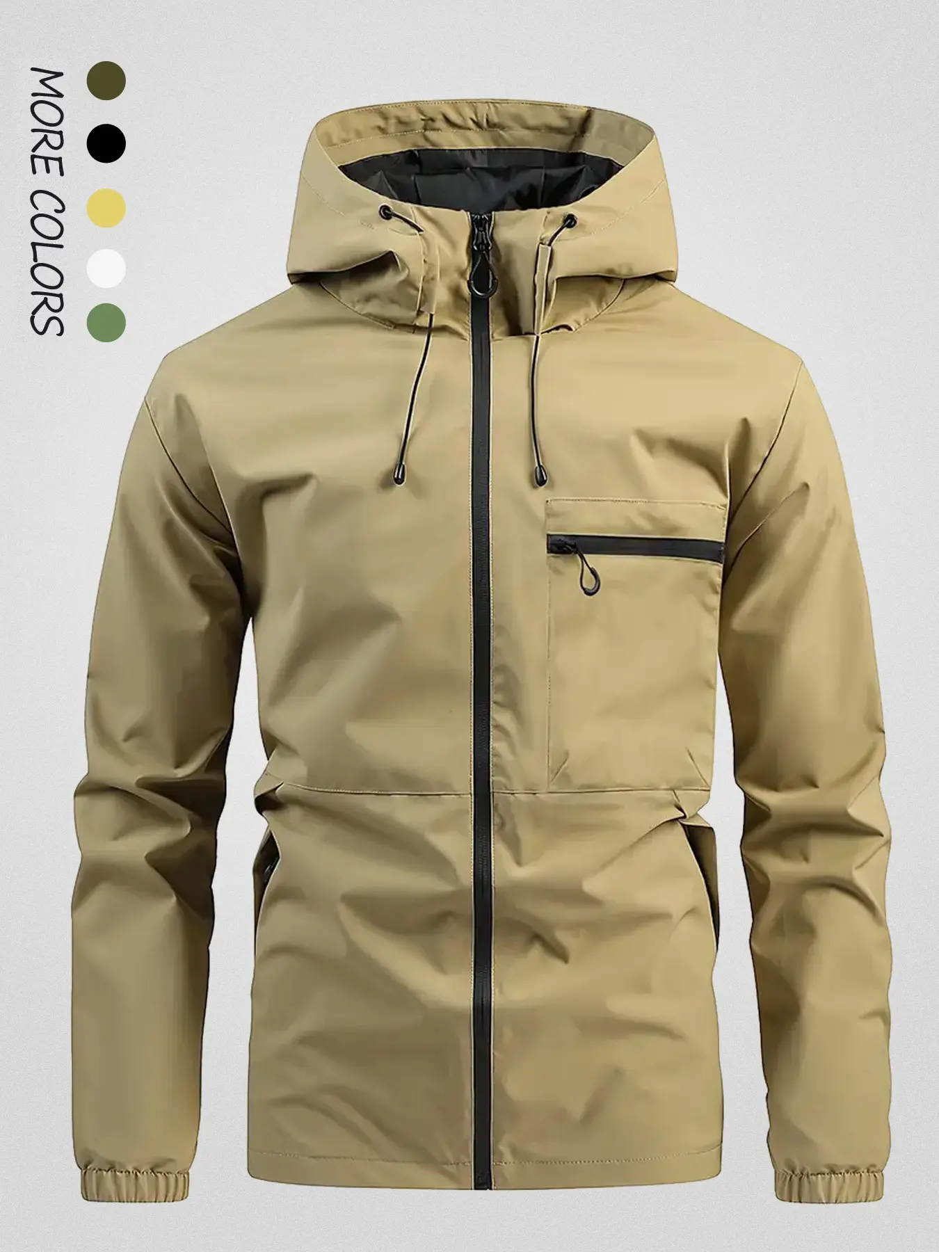 Men's solid color, Long sleeve, hooded waterproof and windproof trench coat, zippered adjustable drawstring cap outdoor hard shell jacket, multiple zippered pockets with elastic cuffs, lightweight rainproof, breathable casual jacket