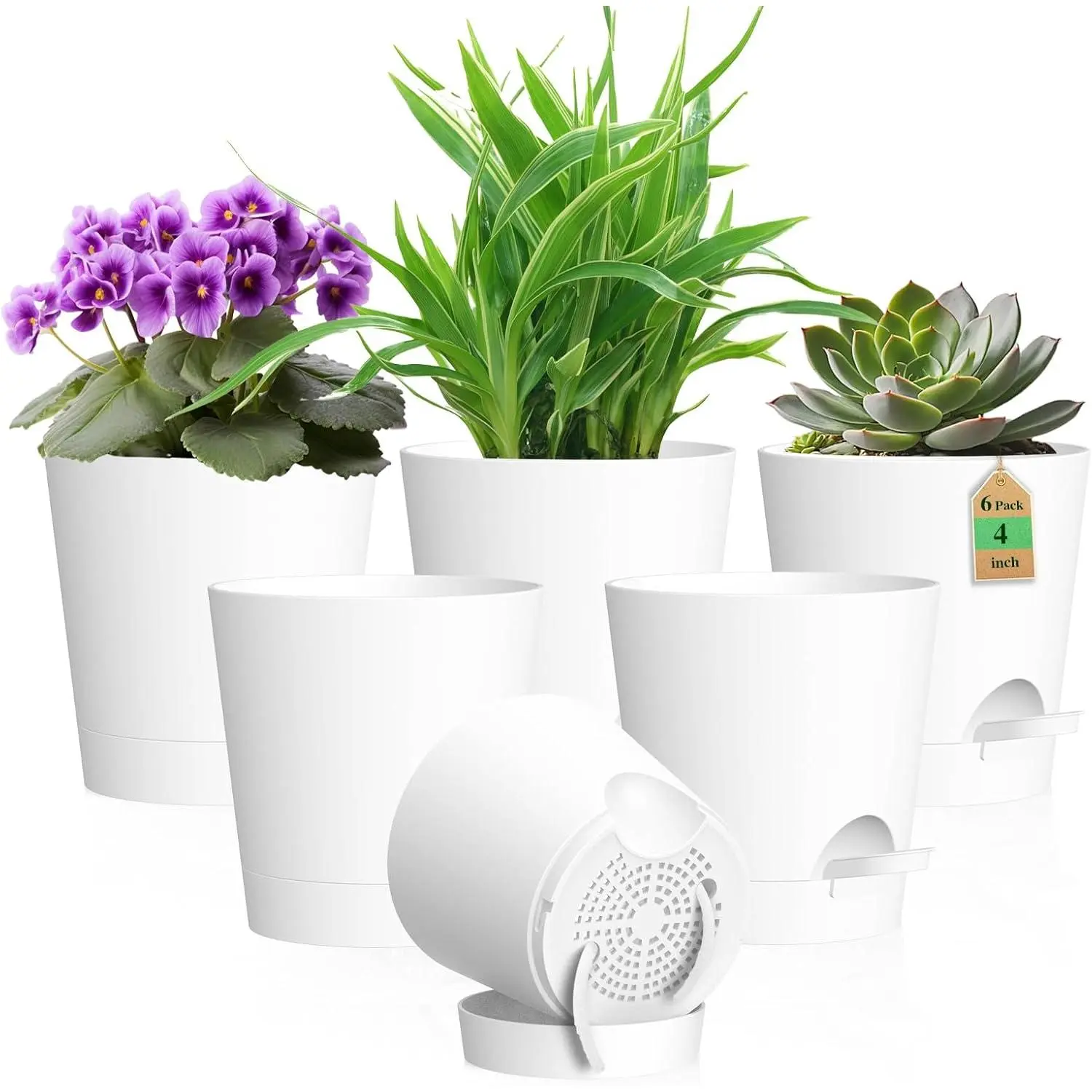 4 inch Self Watering Pots for Indoor Outdoor , 6 Pack Plastic Flower Planters with Drainage Holes and Removable Saucers,  Pots with Wicking Rope, Modern Decor, White