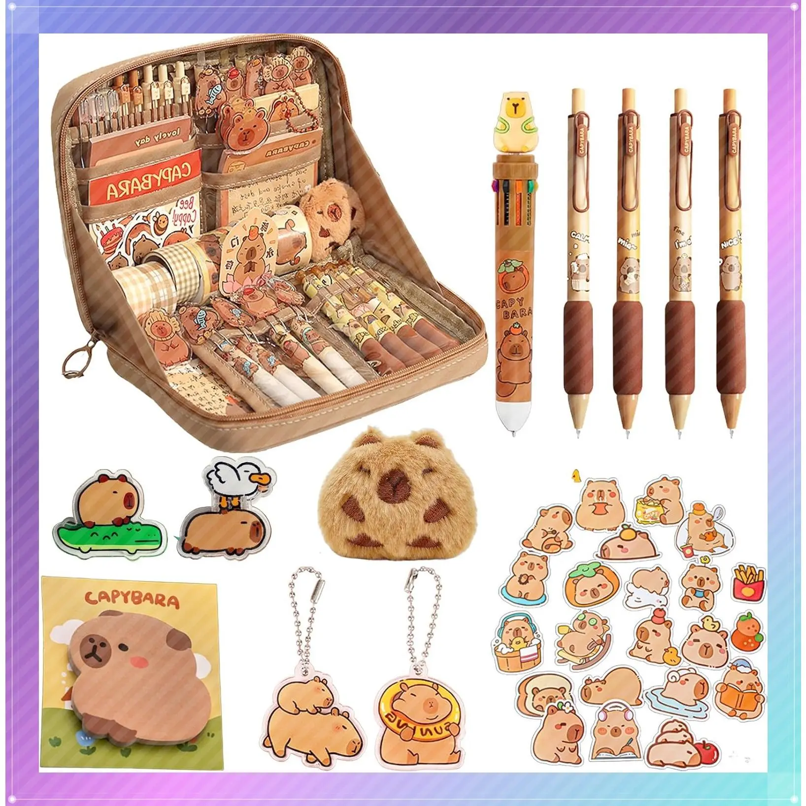 10-Compartment Cute Capybara Pencil Case Gift Set with Holder, Ballpoint Pen, Keychain, Stickers, Brooch, and ClipsGift