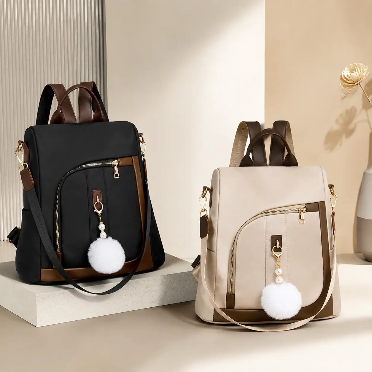 Everyday Carry Backpack For Women Commuter Work Bag Waterproof Anti Theft Laptop Casual Daypack Color Block Oxford Soft Lightweight Zipper Closure Large Capacity Fits Daily Essentials Phone Pocket Cozy Beige Black