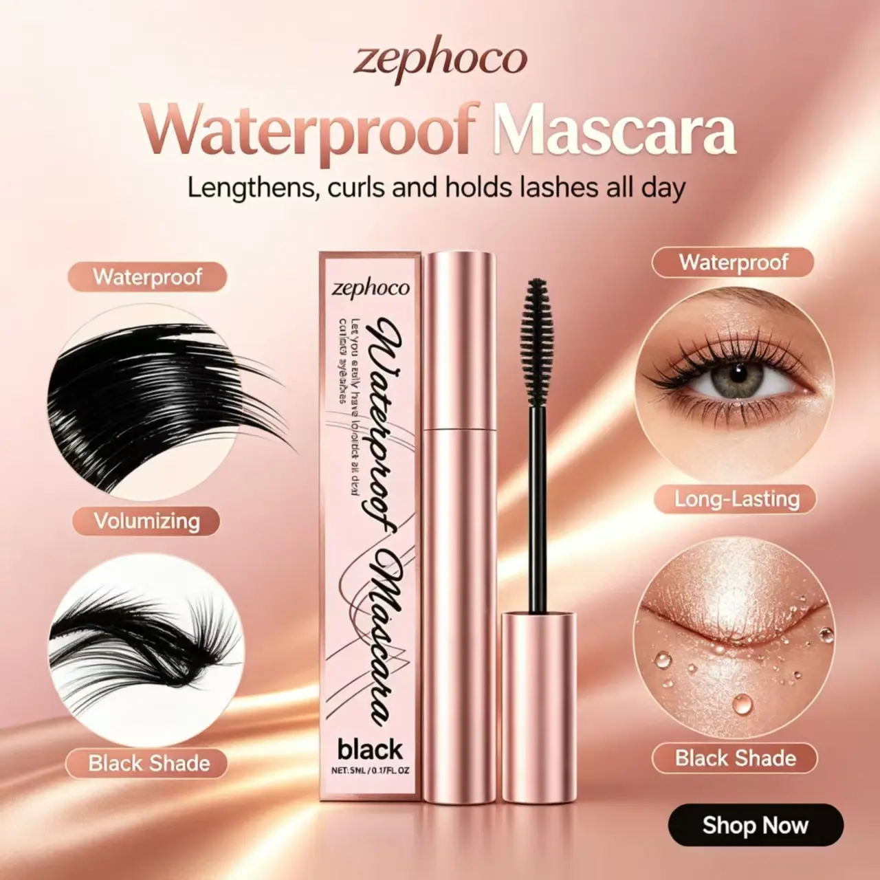 Zephoco Black Curling Mascara - Waterproof, Lengthening, Smudge-Proof, Long-Lasting for Natural Makeup Look, Daily Wear with Upward Brush Lash Styling