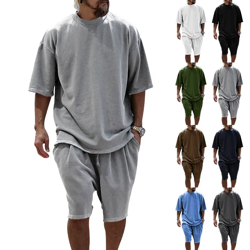 Oversized Solid Color Men's Tracksuit Set, Loose Fit Short Sleeve T Shirt & Drawstring Casual Shorts Outfit, DealsForYouDays,summerwins,summeroutfits,vacationoutfits,beachoutfits,back to school,back to school shopping