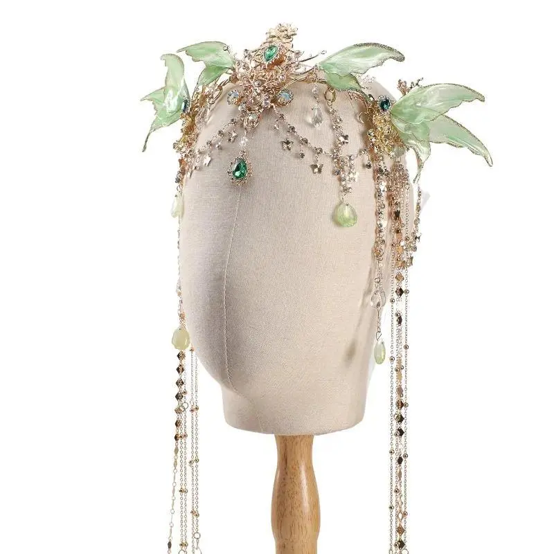 Butterfly Fairy Elf Crown Headpiece with Butterfly Wings Tiara with Tassel Elven Wedding Halloween Fantasy Accessories for Women