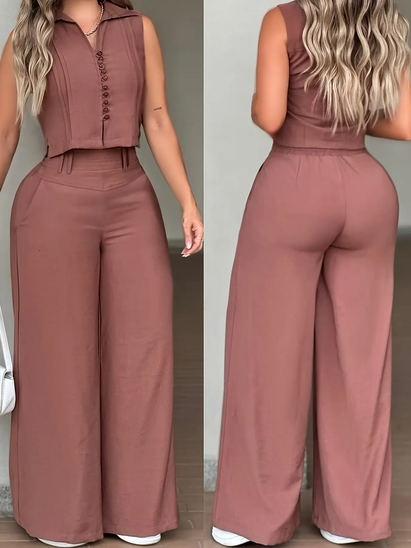 2026 New Summer Women's Slimming Sleeveless Top + High Waist Wide Leg Casual Fashion Long Pants Two-Piece Set, Stylish and Comfortable