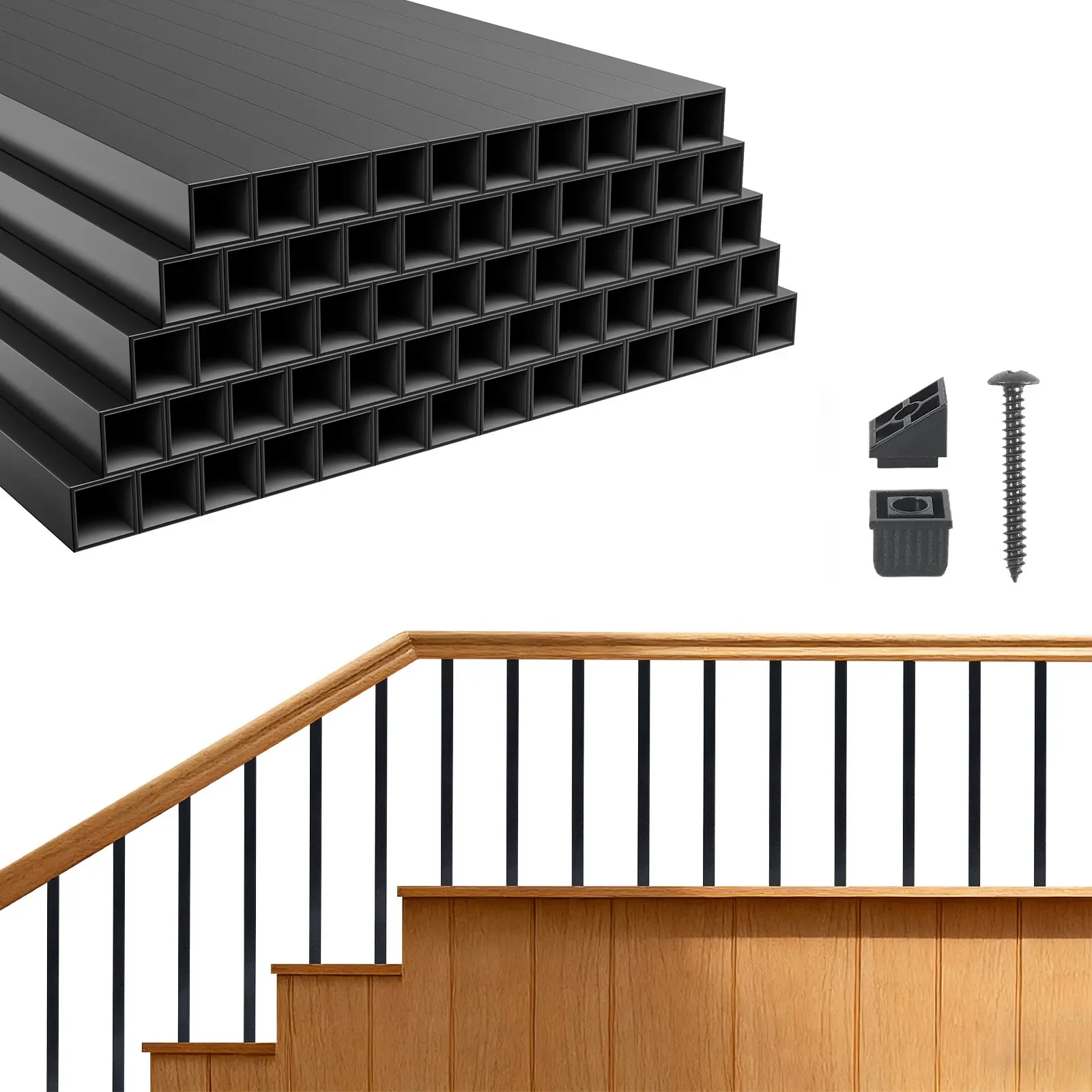 【DealsForYouDays】VEVOR 125 Pack Deck Balusters, 3/4 in Squarex 26 in Long Aluminum Railing Spindles, Hollow Metal Decking Stair Balusters with Connectors, Screws, for Deck, Porch Staircase Railing Fence, Black