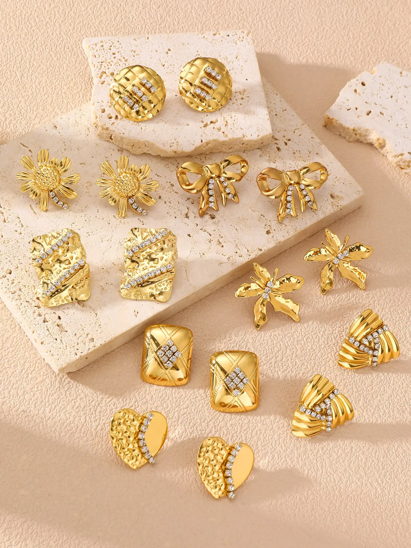 Vintage Matte Imitation Diamond Stud Earrings Set, Heart Square Rhombus Daisy Butterfly Knot Metal Ear Rings, Elegant All-Season Jewelry