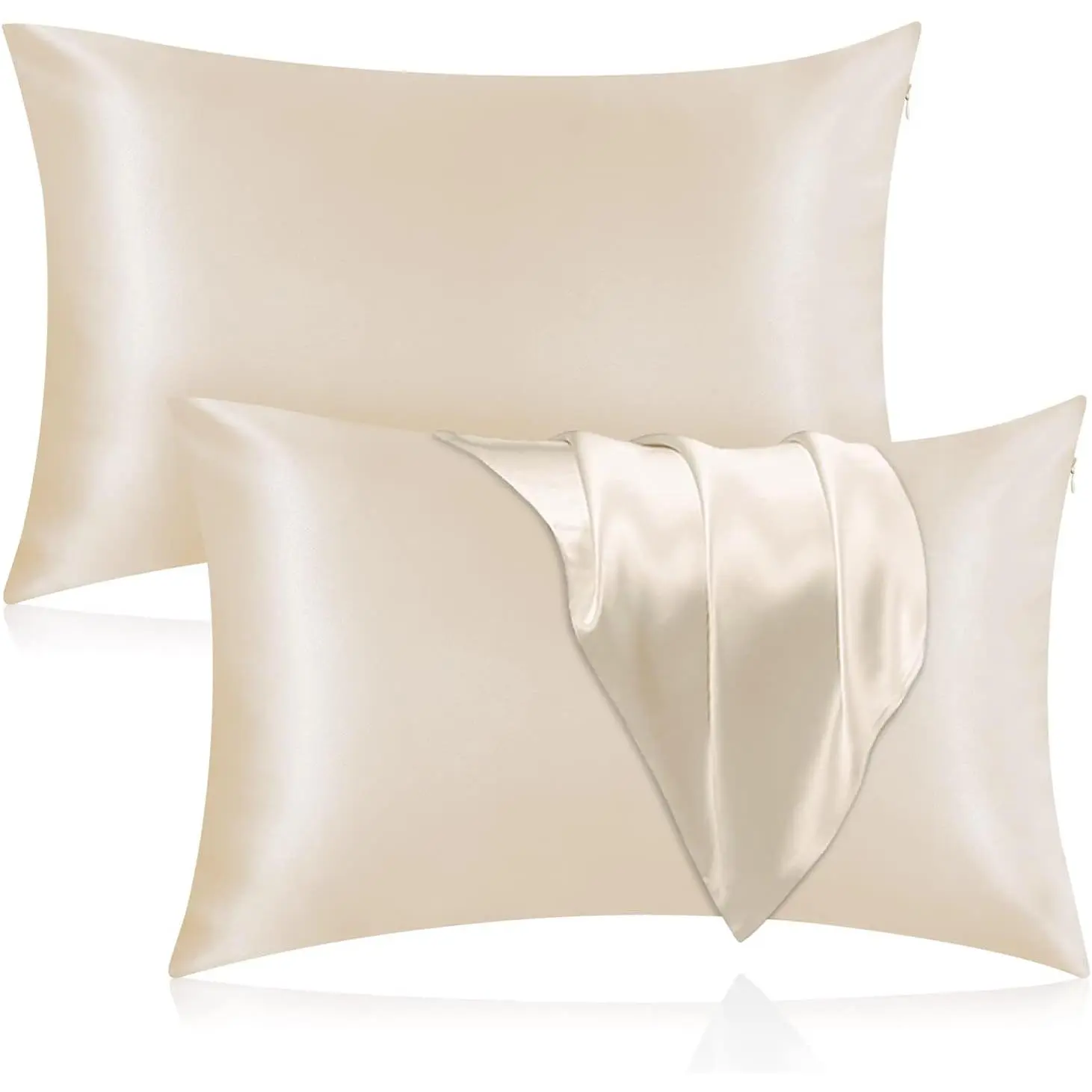 Silk Pillowcase for Hair and , 2 Pack  Mulberry Silk Pillowcase 25 Momme, 600 Thread Count, Both Side Pure Silk Pillow Cover with  Zipper (Beige, Standard 20''×26'')