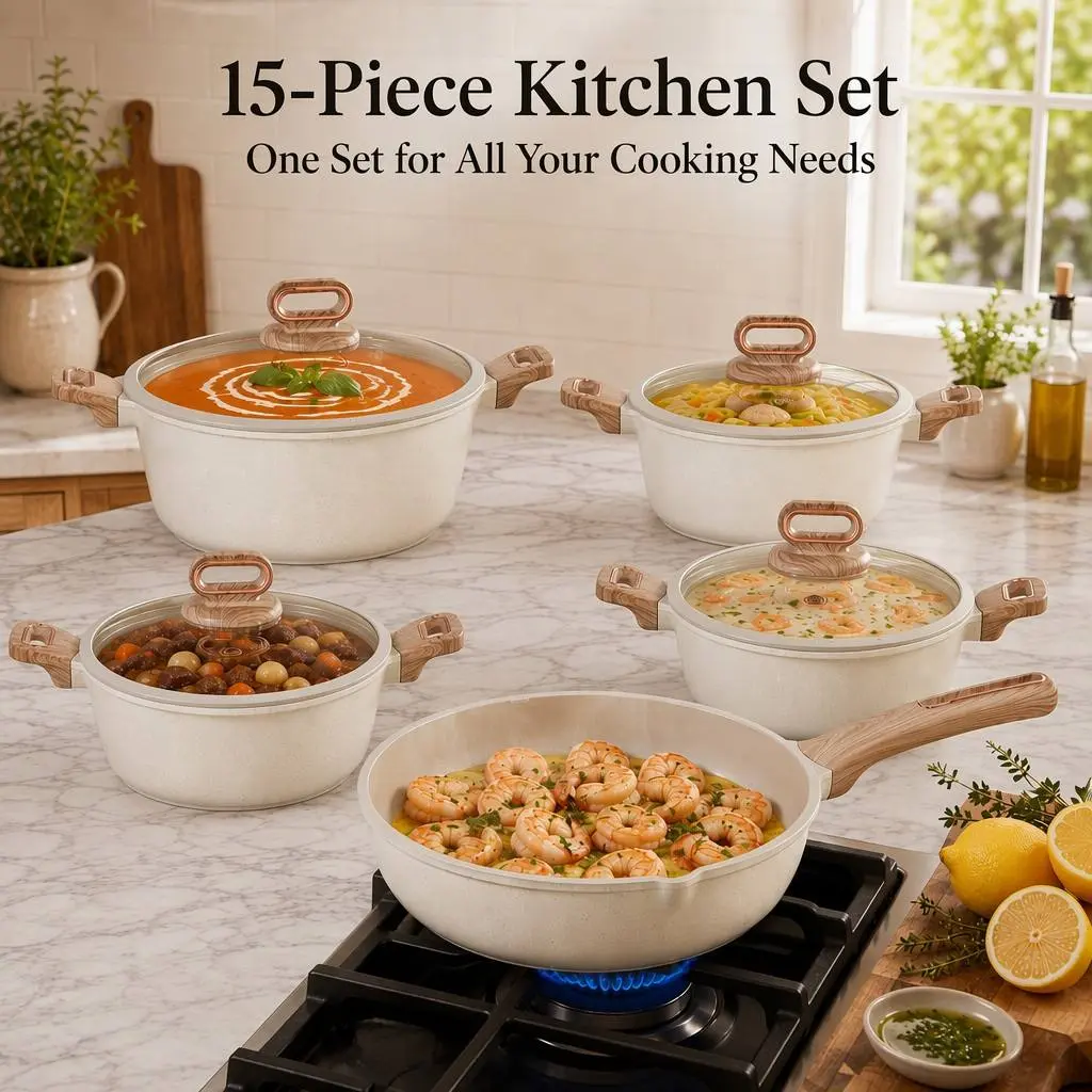 15 Piece Ceramic Non-Stick Cookware Set, Healthy PFOS & PFOA Free Kitchen Cooking Set, 3QT/5QT/8QT/12QT Stock Pots with 1 Deep Frying Pan, Compatible with All Stovetops