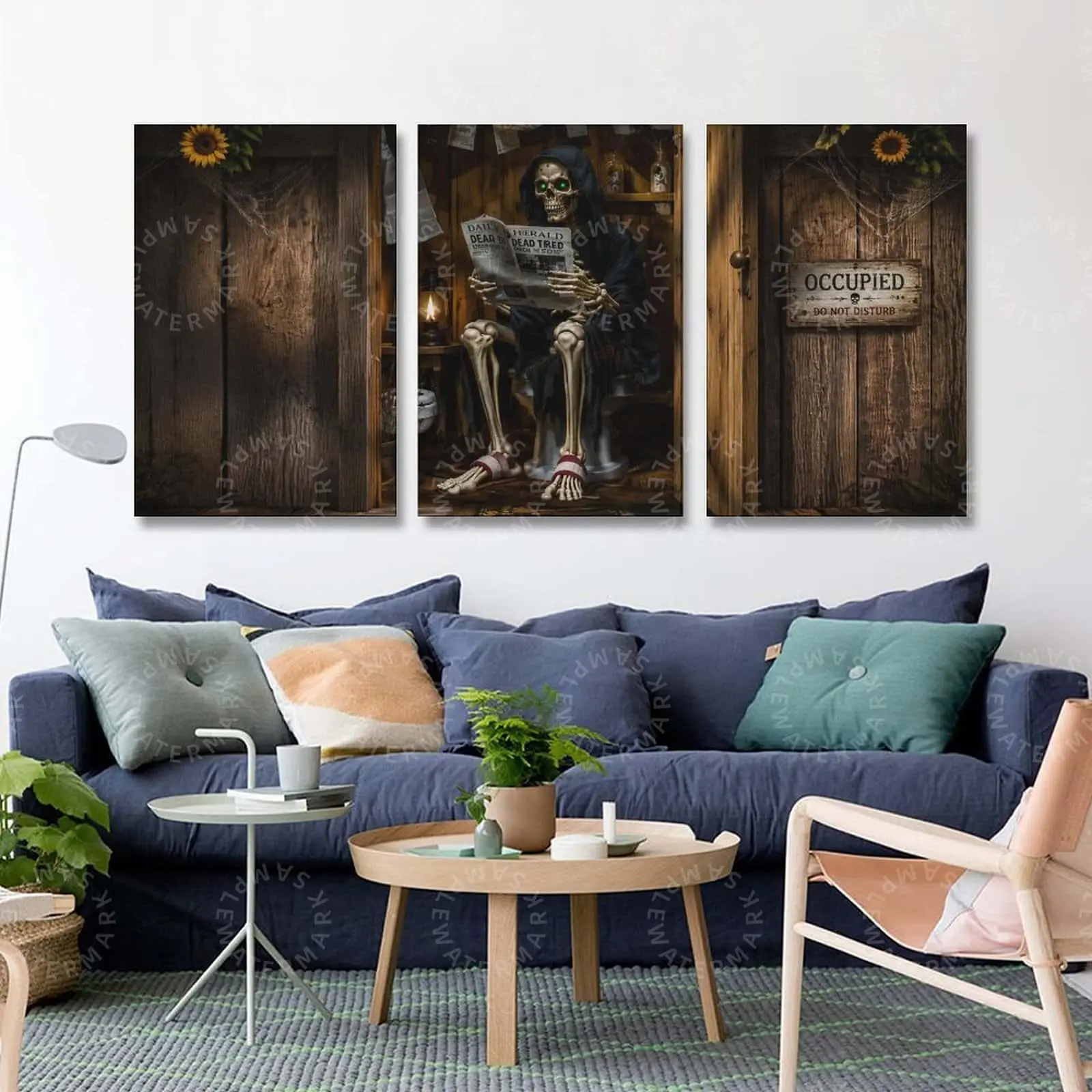 Funny Halloween Skeleton Multi-Size Rustic Wooden Triptych Canvas Print Wall Art, Gothic Farmhouse Aesthetic Bathroom Wall Decoration, Occupied Sign Gift for Guest Bath Powder Room