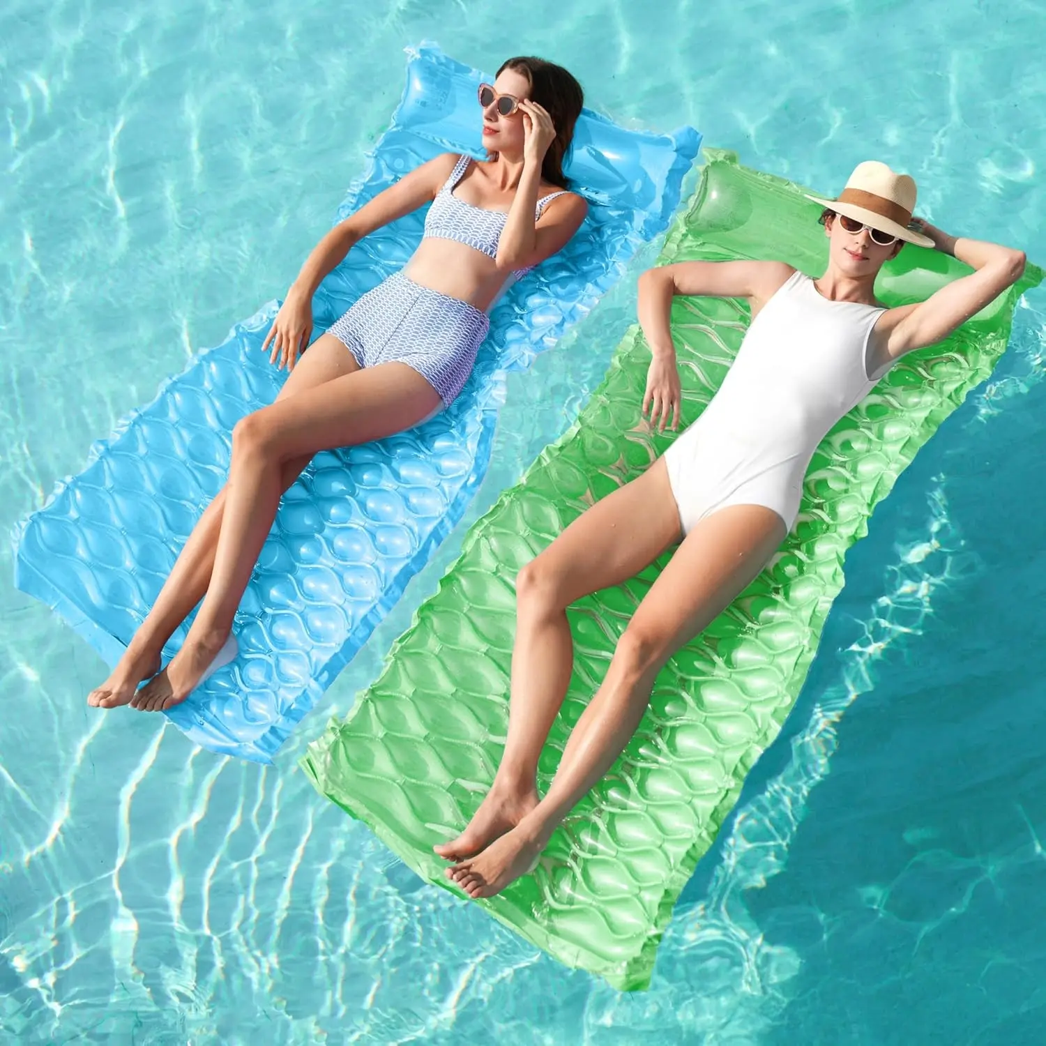 Inflatable Pool Floats Raft, Floating Lounge for Adults, 64x32 inch Swimming Mat Pool Mattress with Headrest, 2 Pieces Float Air Mat for Summer Water Beach Fun