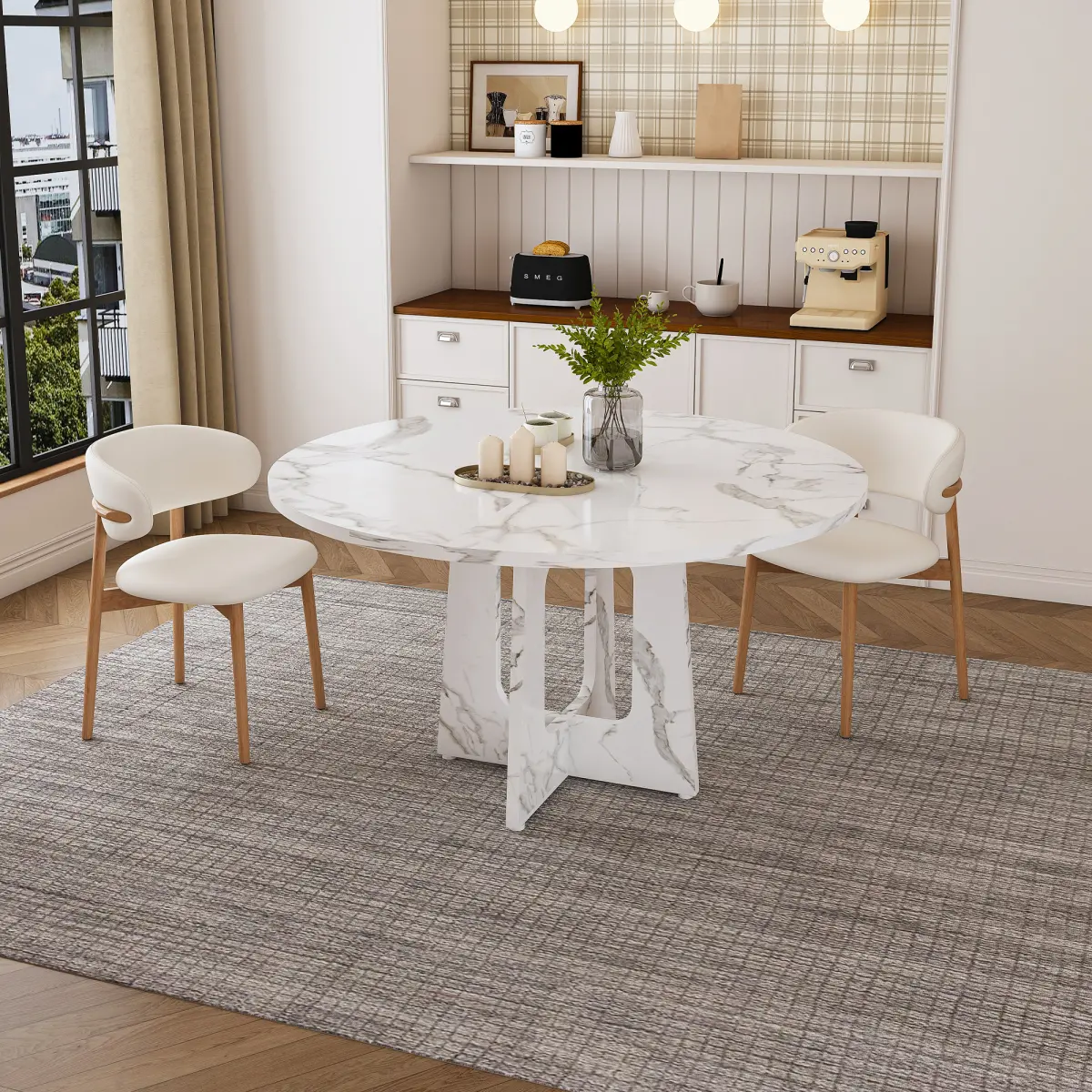 [Fahuac] 47" Round Marble-White MDF-Iron Farmhouse Dining Table, Modern Indoor Piece for 4-6 People with Adjustable ft Pads
