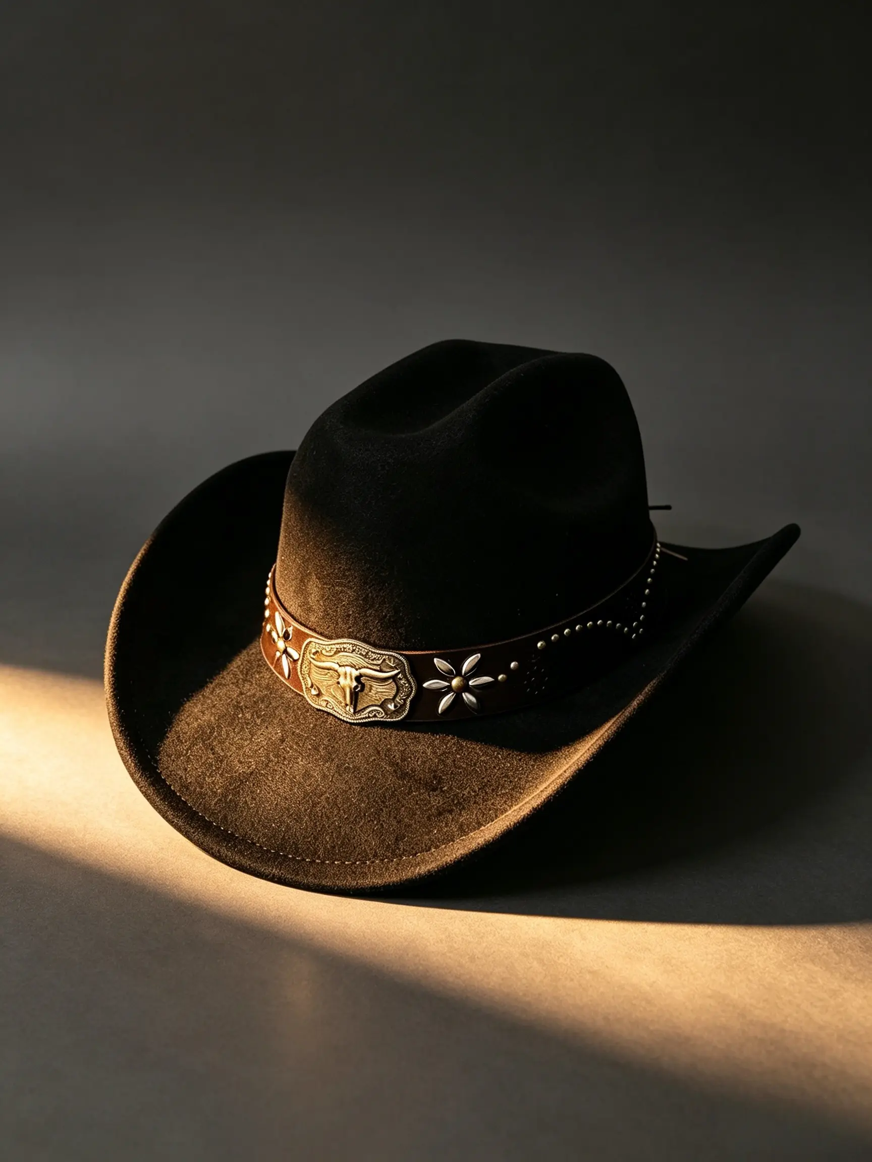 Western Cowboy Hat, Bronzed Long Horn Bull Head Rivet Flower Trim, American Vintage Country Music Wide Brim Hat, All Seasons Party Style