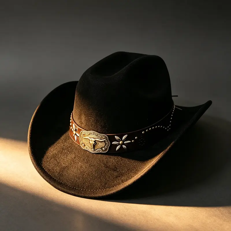 Western Cowboy Hat, Vaquero Hat, Bronzed Long Horn Bull Head Rivet Flower Trim, American Vintage Country Music Wide Brim Hat, All Seasons Party Style