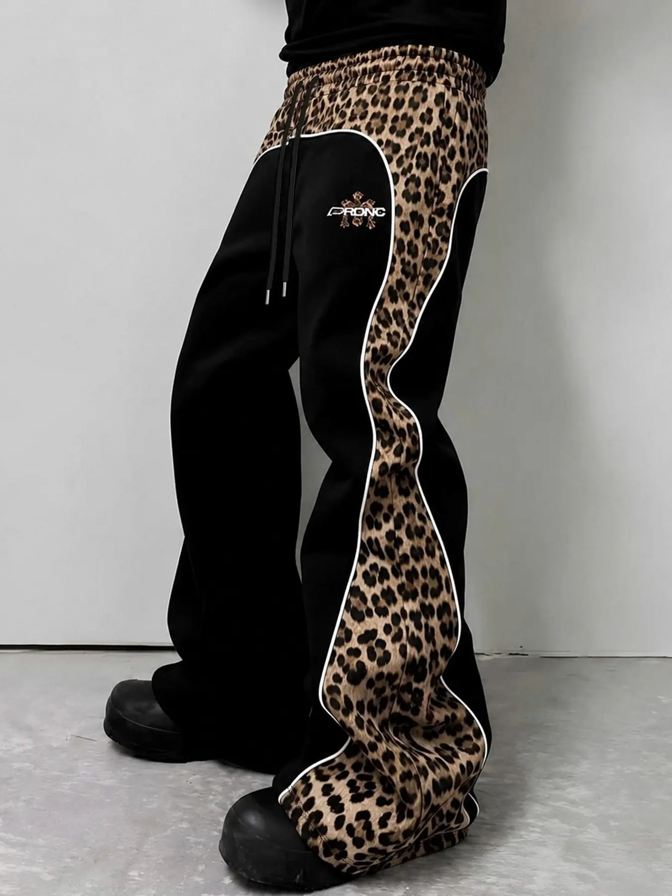 Y2K Street Style Leopard Splice Wide Leg Sweatpants Elastic High Waist Drawstring Loose Fit Casual Trousers For Streetwear