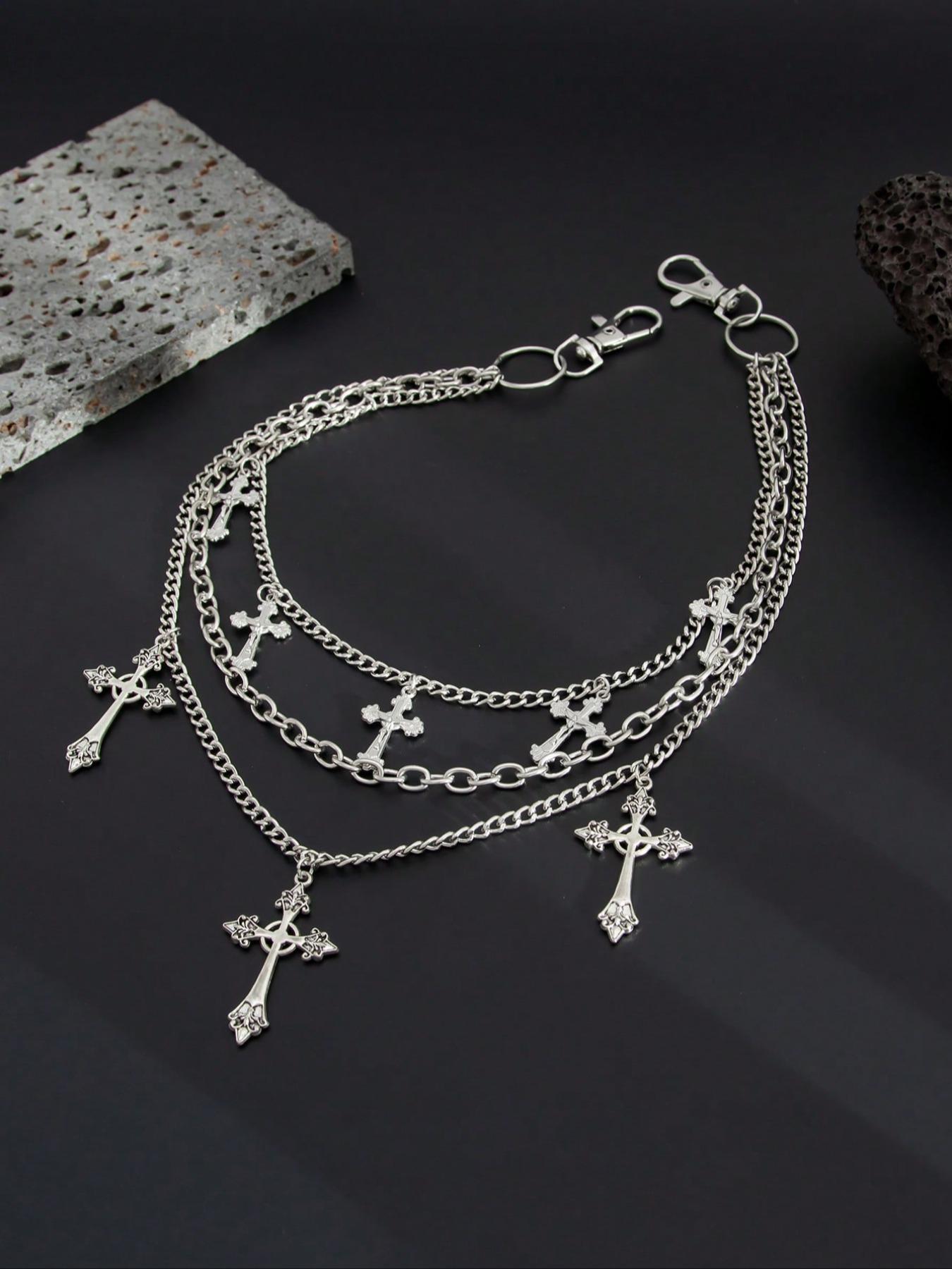 Men's Cross Charm Layered Chain Belt, Unique Cross Pendant, Punk Style Jeans Chain, Fashion Belt for Party, Daily Clothing Decor, Trendy All-match & Exquisite Belt for Birthday Gift