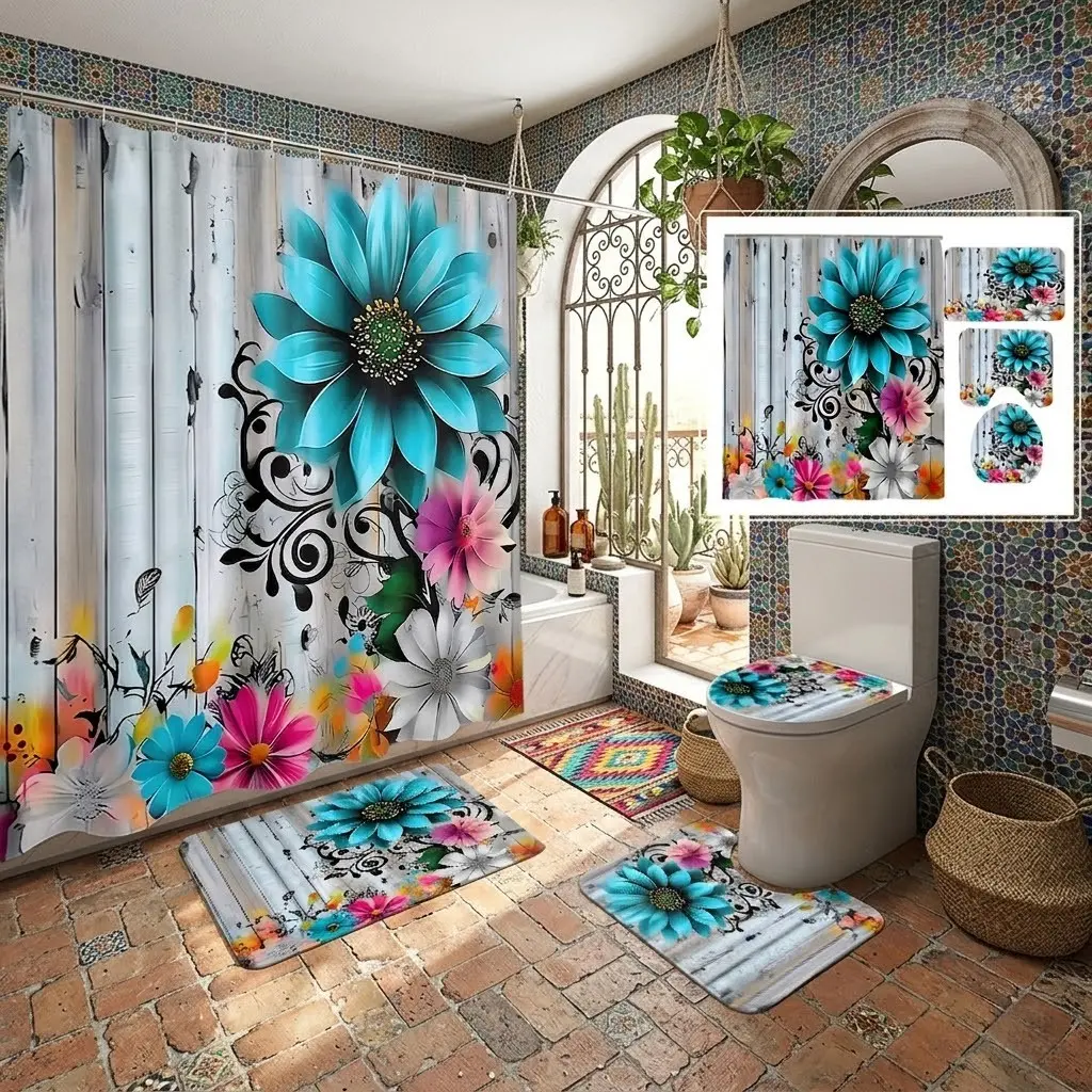 4pcs Bohemian-style vintage wooden panel shower curtain set with blue-green daisy floral print, thicker and softer bath mat fabric! Bathroom set with toilet lid cover and rug, perfect choice to create a stylish bathroom