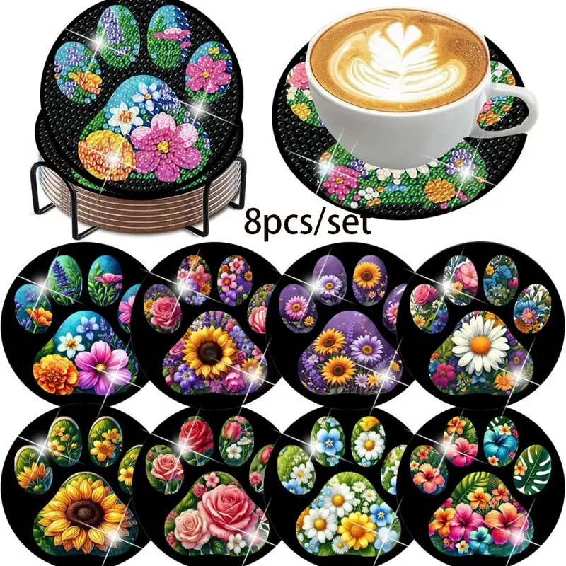 8 pieces/set of diamond painted coasters set with beautiful patterns (with holder) - DIY diamond art craft kit for home decoration beginners, diamond craft supplies, artificial diamond art craft supplies gifts