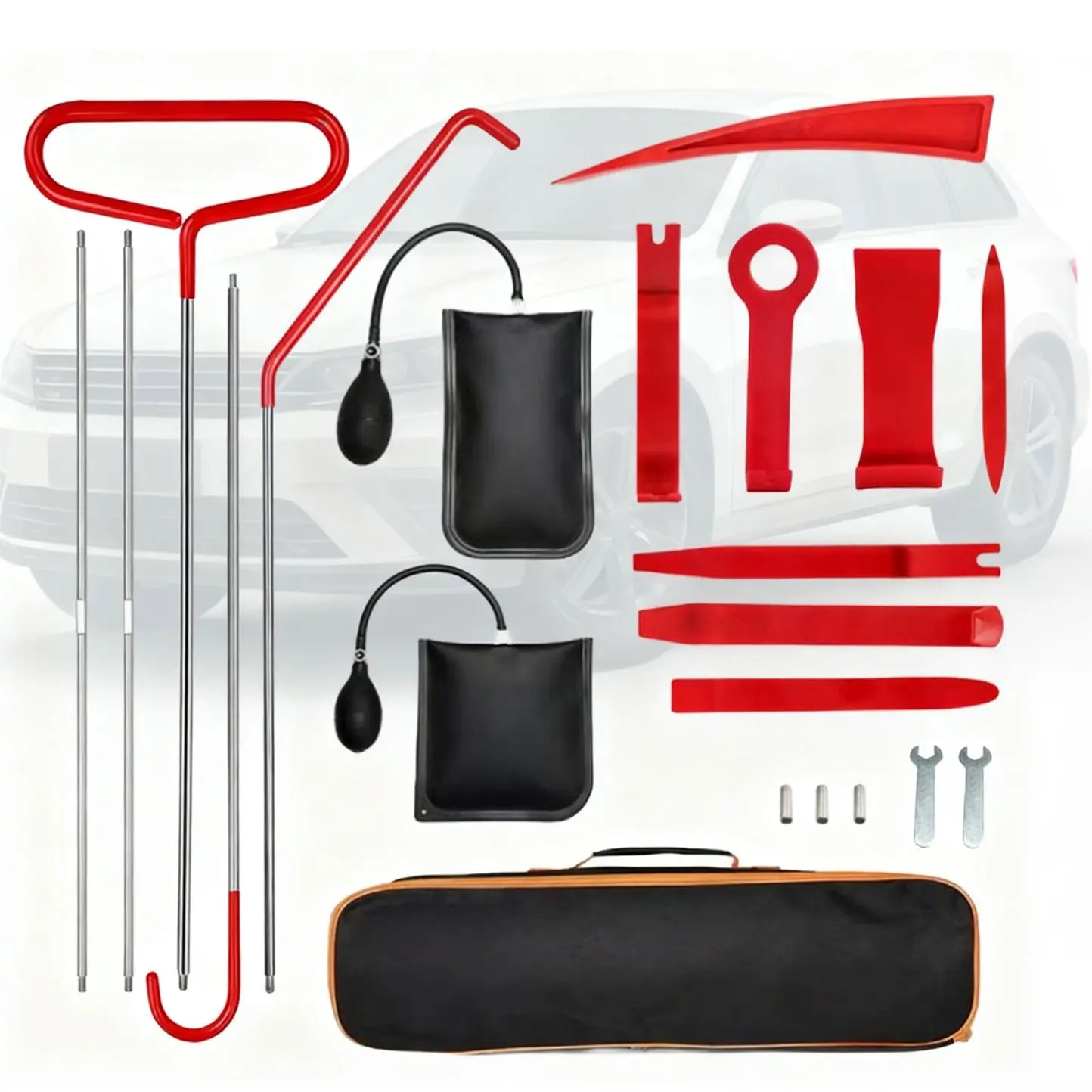 21-Piece Long-Handled Tool Set with Storage Bag, Automotive Tools, Car Door Repair Manual Tools, Wedge Air Pump, Locksmith Kit, Emergency Unlocking Tools