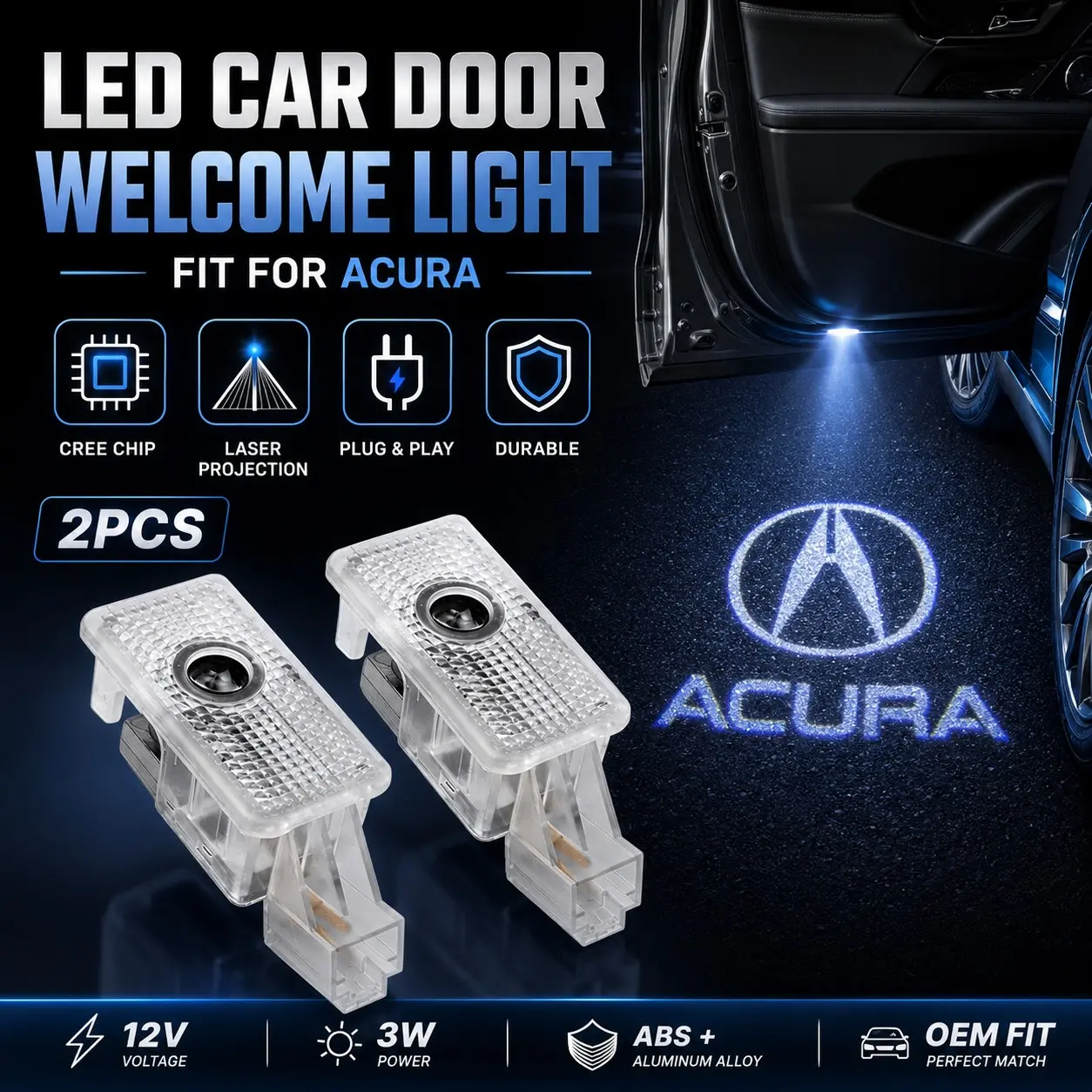 2Pcs LED Car Door Welcome Projector Lights, Auto Light Up, Fit Acura RDX/RLX/ZDX/TL/TLX/MDX Series, Cree Chip Laser Projection, 12V/3W Energy Saving, ABS + Aluminum Alloy Durable Build, OEM Fit Plug & Play, No-Drill Installation