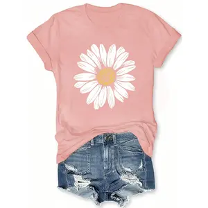 Daisy Flower Print Women's Summer Fitted Round Neck T-Shirt - Casual Retro Style, Comfortable Cotton Short Sleeve Crew Neck T-Shirt ,2026 New Summer Collection, Holiday Gift, Mother's Day Gift. Loose And Comfortable Tops For Women Ropa Colorful Tops