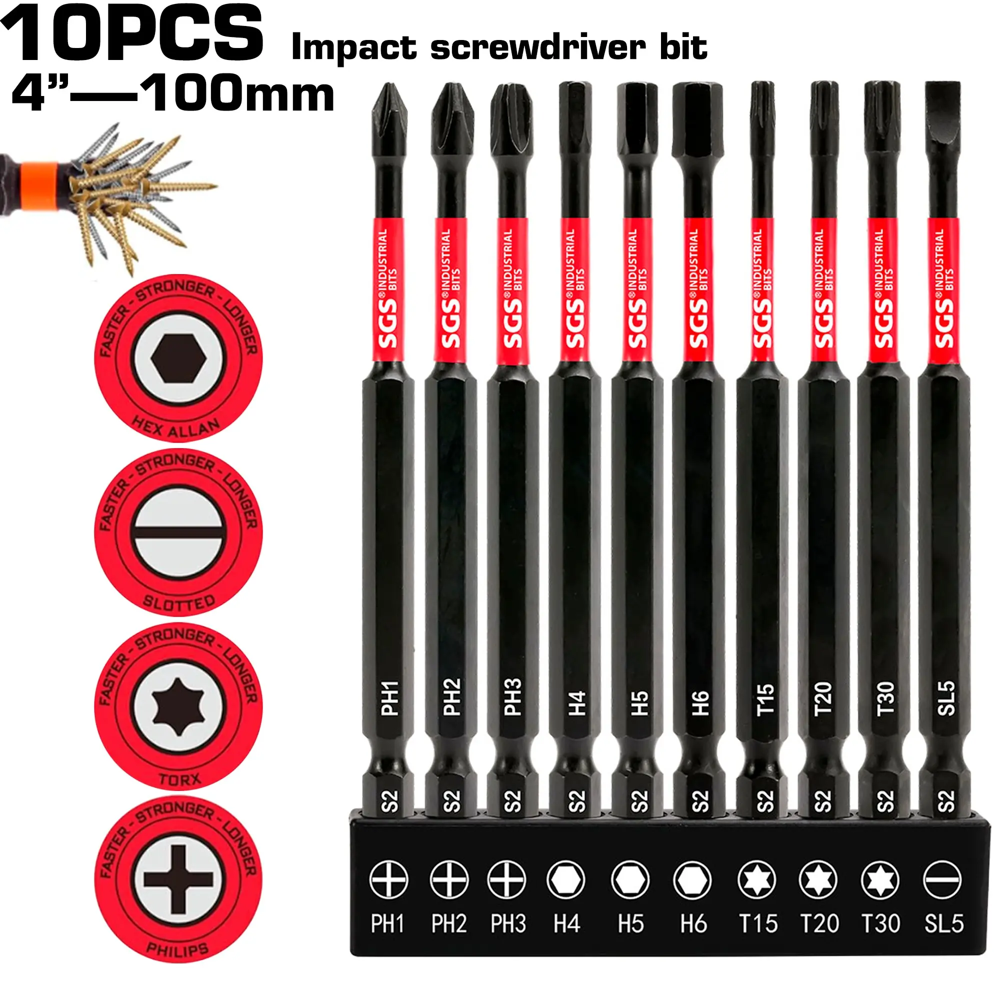10Pcs Industrial Grade S2 Steel Portable Screwdriver Bit Set, 100mm Long Mixed Hex, Phillips, Torx and Slotted Bits, Wear Resistant, Stain-Proof & Magnetic, Suitable for Home Appliance Maintenance and Construction Projects