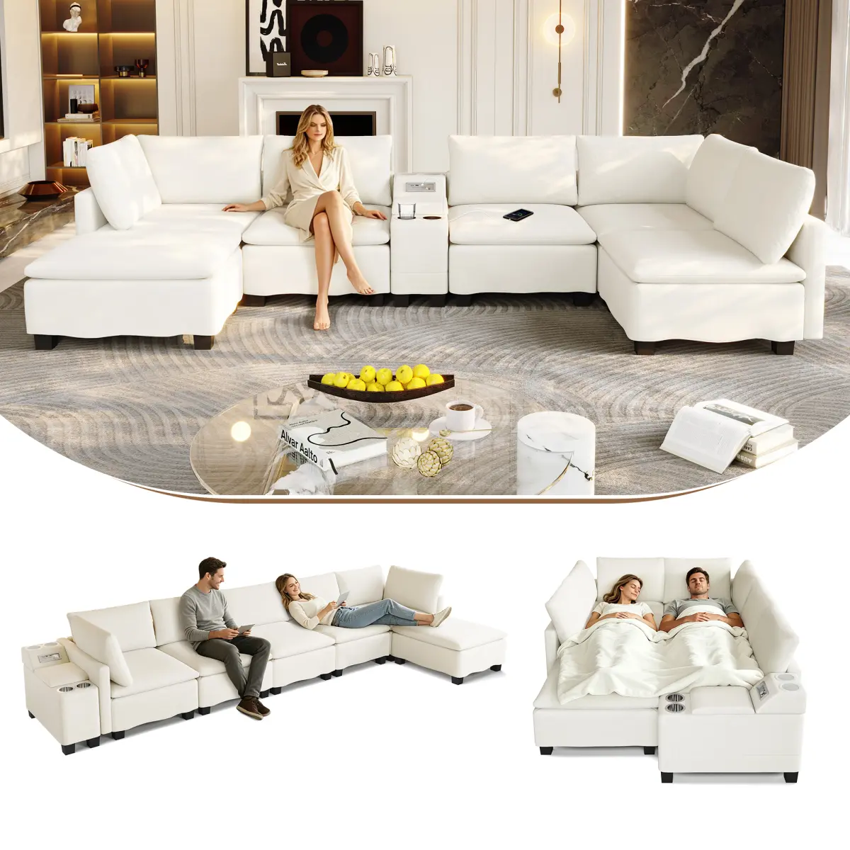 Aobtkel 121.2" Solid Chenille Cloud U-Shaped Modular Sectional Couch, Multiple-Seat Sofa with Movable Ottoman, Convertible Sofa Bed, Hidden Storage, USB Ports, Cup Holders, Bluetooth Speaker, Assembly Required, for Living Room, Beige/White, Sofas For Livi