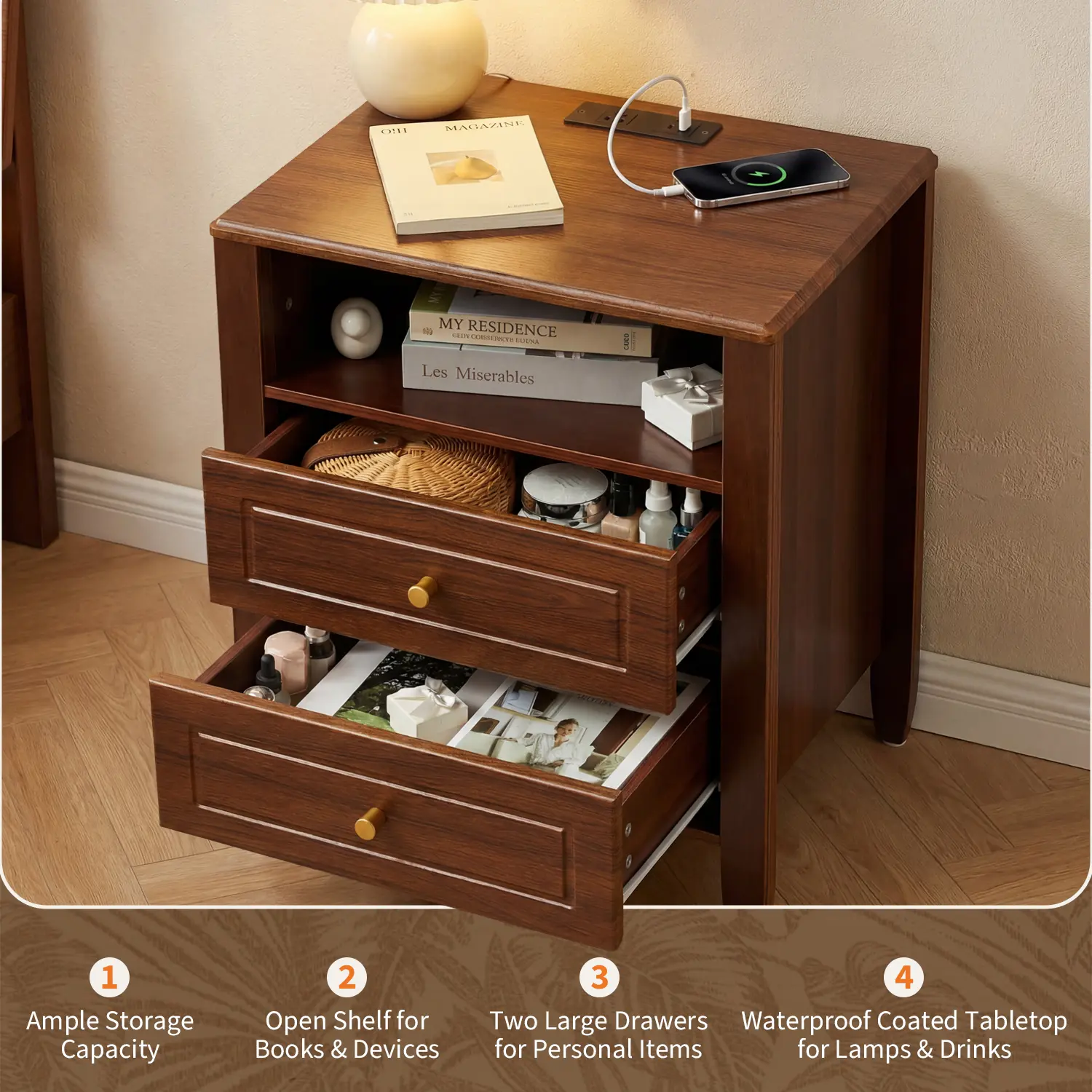 Maple Wood Engineered Side Table -  2 Drawers with Recessed Panels, Open Shelf, Tapered Legs, Gold Knobs, American Standard Socket Charging Station, Anti-Mar, for Bedroom, Entryway, Includes Assembly Guide, Recessed Drawer Panels, Nightstand Side Table, I