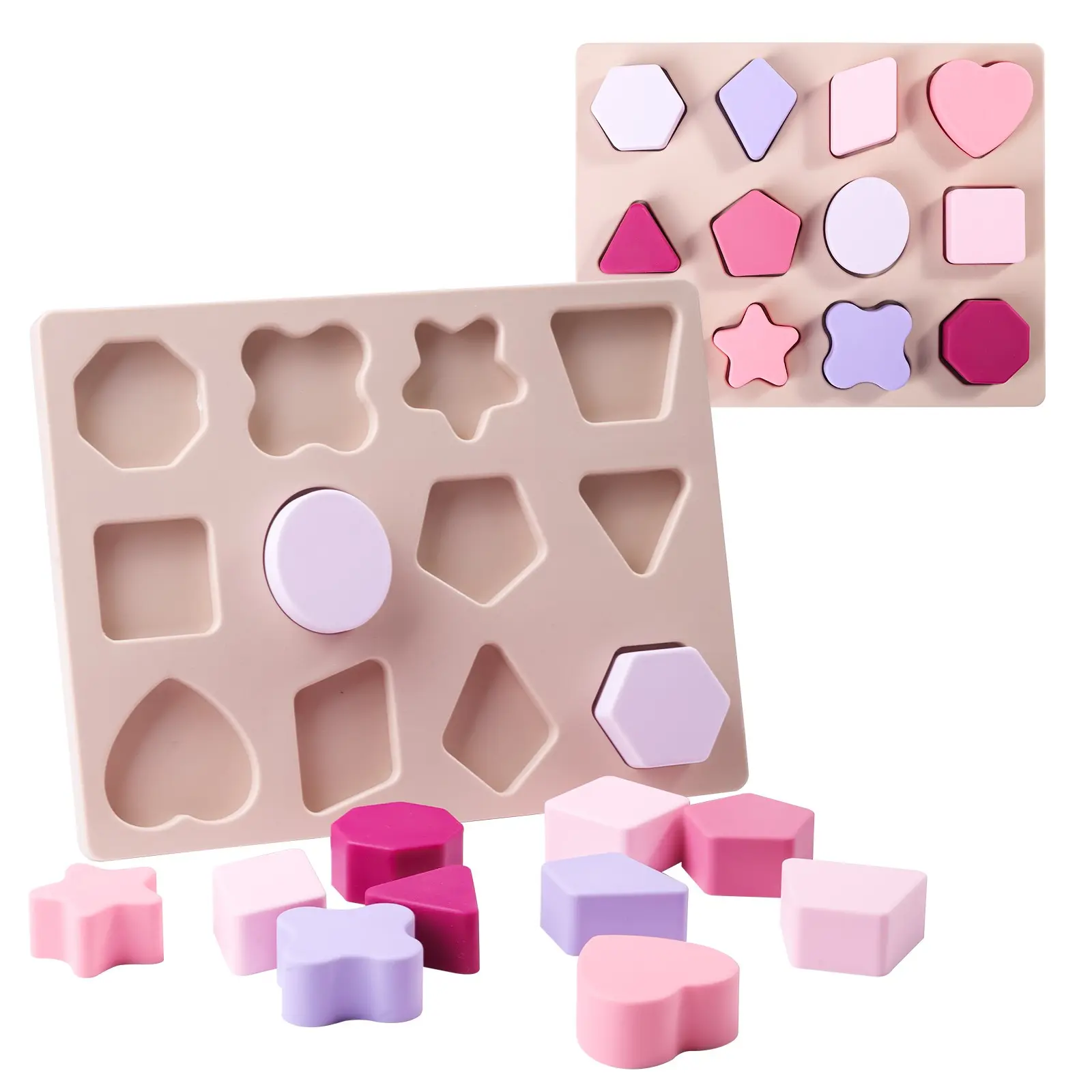 Food Grade Silicone Shape Matching Puzzle, BPA-Free Soft 12 Geometric Shapes Sorting Board, Rounded Edge Sensory Stress Relief Toy