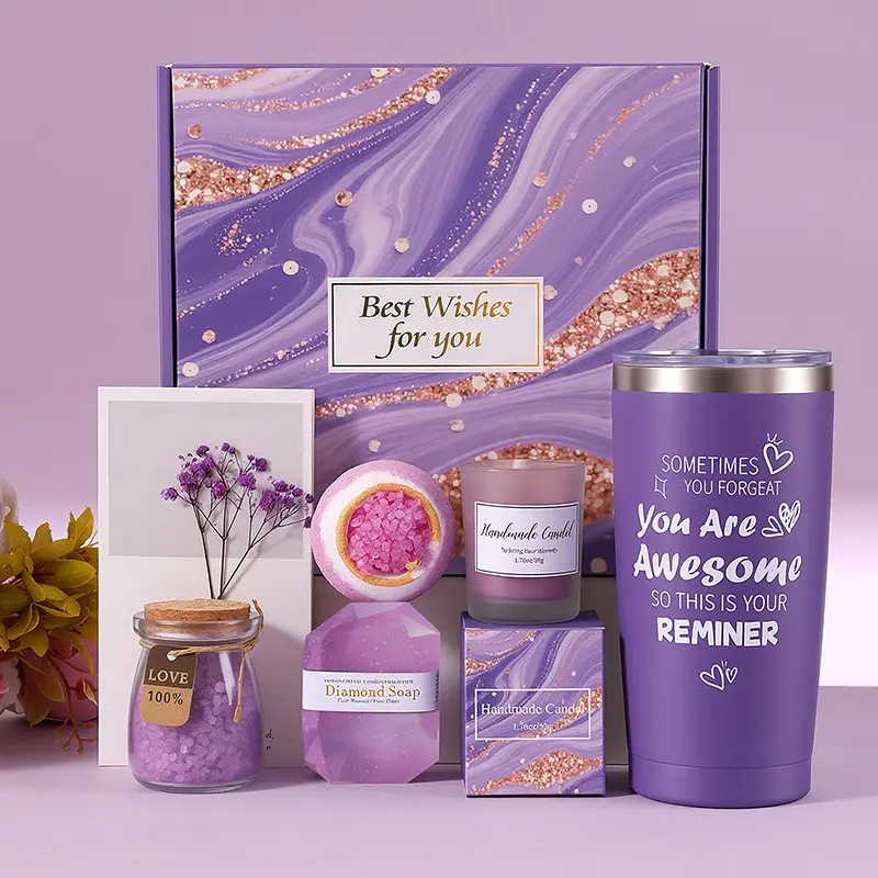 1 Set purple gift box set, the full set includes an insulated tumbler, scented candle, bath bomb, gemstone soap, bath salt and greeting card, suitable as birthday and holiday gifts all year round