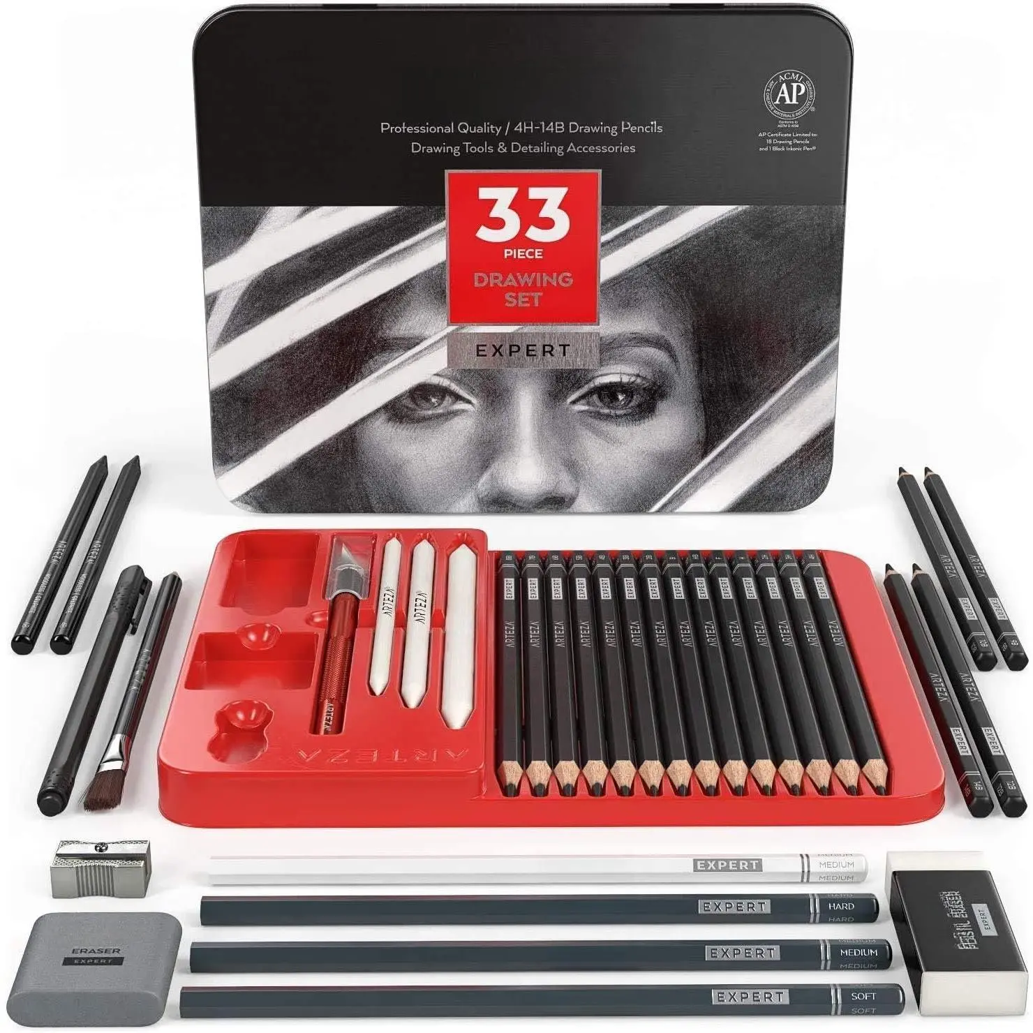 Drawing Set for Adults, Set of 33 Artist Sketching Tools, 20 Graphite & 4 Charcoal Sketch Pencils, 1 Fineliner, 3 Blenders, 1 Sharpener, 3 Erasers & 1 Hobby , Art Supplies for Drawing