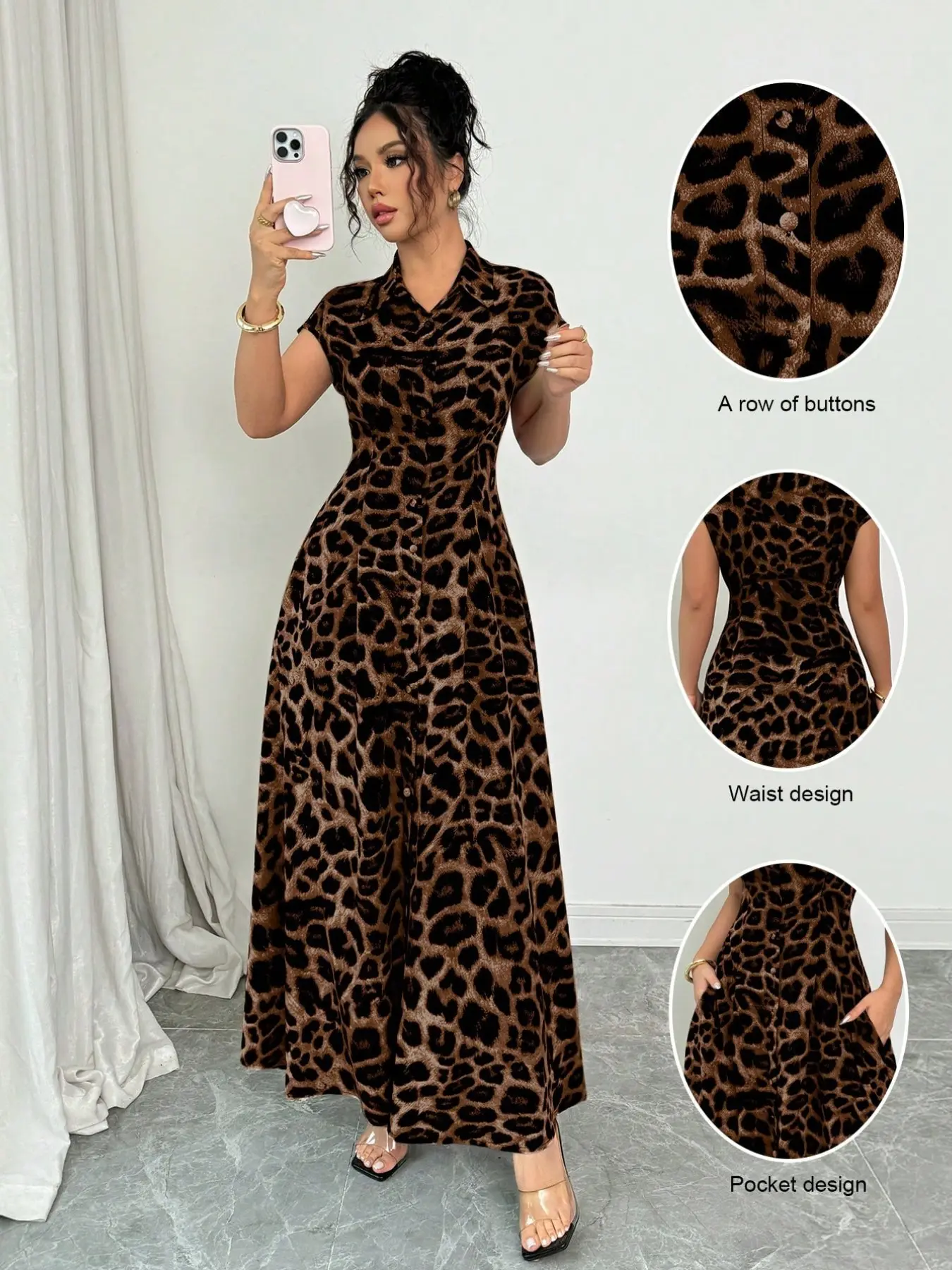 Elegant Boho Leopard Print Lapel Short Sleeve Belted Button Dress for Women, Stylish and Chic Design, Perfect for Daily and Casual Wear