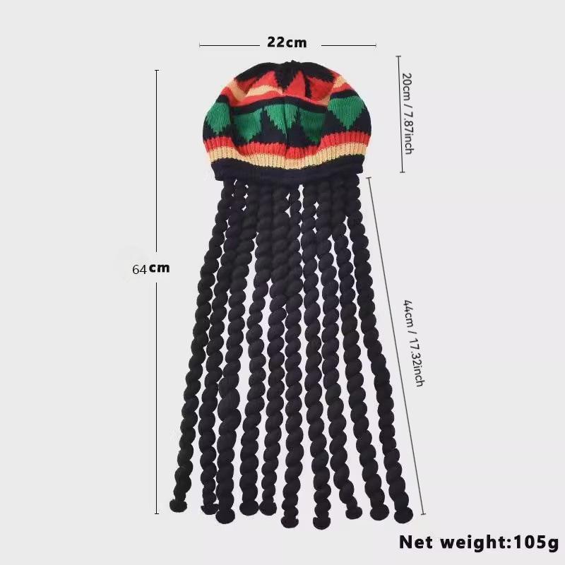 Jamaican Dreadlocks Hat Colorful Knit Beret with Rainbow Braids Reggae Style Wool Wig for Halloween Costume Accessories Boho Festival Knit Hat for Women Men
