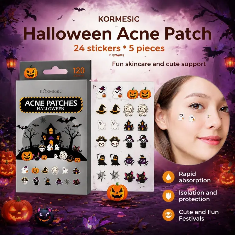 Halloween Acne Patches 120pcs, Hydrocolloid Acne Patches, Absorb Acne Secretions, Fast Skin Healing, Thin Waterproof Invisible, Fun Pumpkin Design
