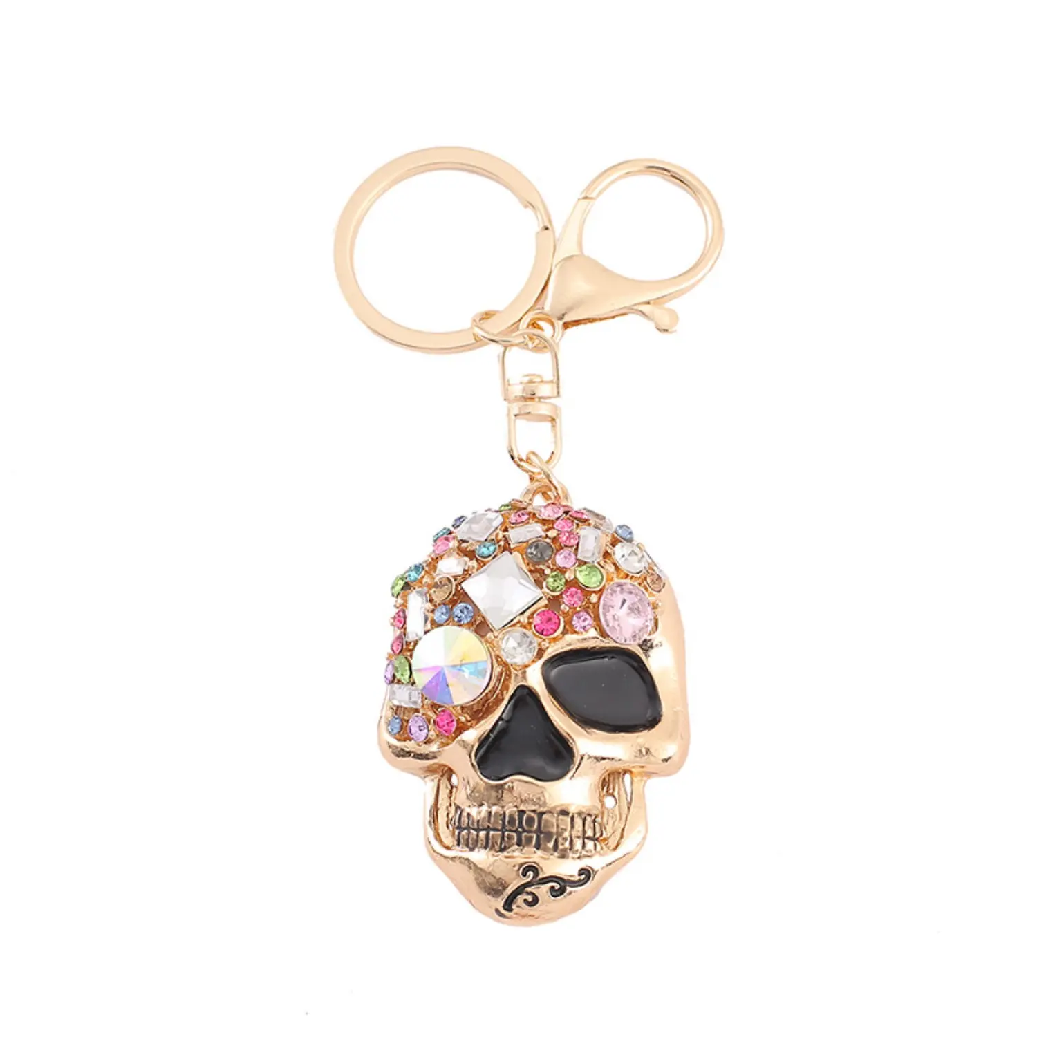 Punk Gothic Keychain Skull Figure with Bling Crystal, Nylon Car Key Holder & Bag Charm with Split Ring, Happy Birthday Male Gift, Gothic Punk, Nylon Base