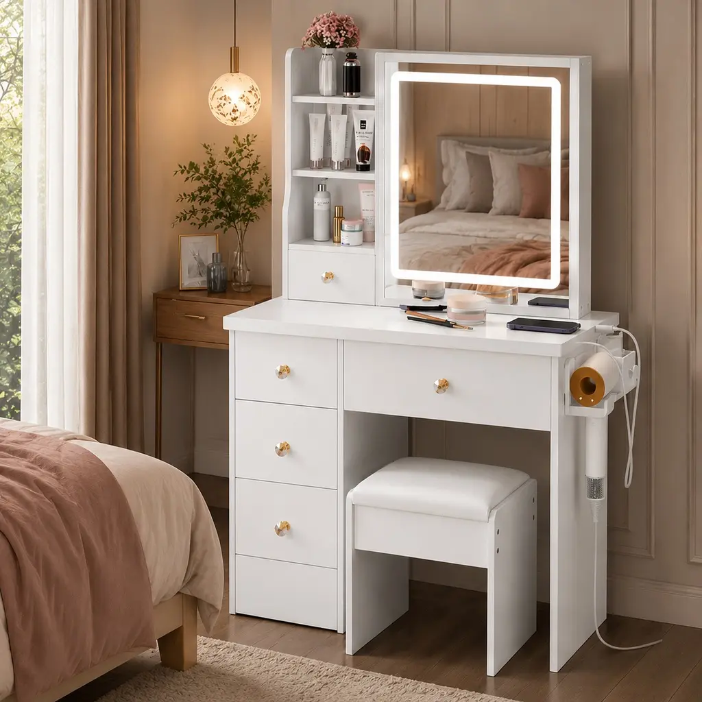 29.2" White MDF Built-in Makeup Vanity with Lights - Makeup Dressing Desk for Bedroom, Small Space Design, Cushioned Stool, Left Drawer, Touch Control Tri-Color Dimmable LED Mirror, 2 AC Outlets, USB & Type-C Ports, Hair Dryer Bracket