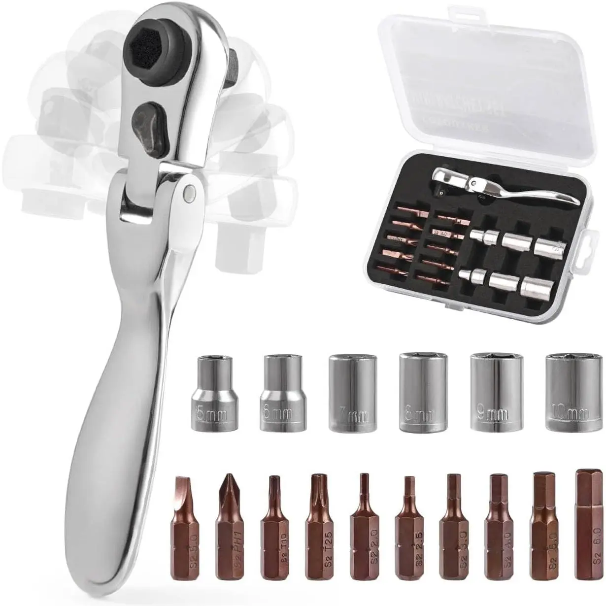 Mini Flex Head Ratchet Screwdriver Set - 1/4 Chrome Vanadium 18-Piece Kit with Wrench & Bits for Tight Spaces, Appliance Repair & DIY Enthusiasts