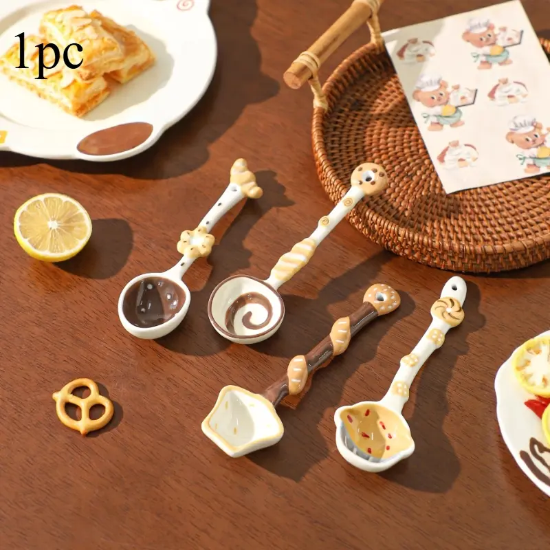 Bread & Baked Goods Underglaze Ceramic Spoon, Cooking Spoons, Long Handle Soup & Dessert Spoon, Food-Safe & Dishwasher Safe, Ideal for Oatmeal, Breakfast & Daily Kitchen Use, Adorable Tableware for Home, Perfect Gift for Mother's Day