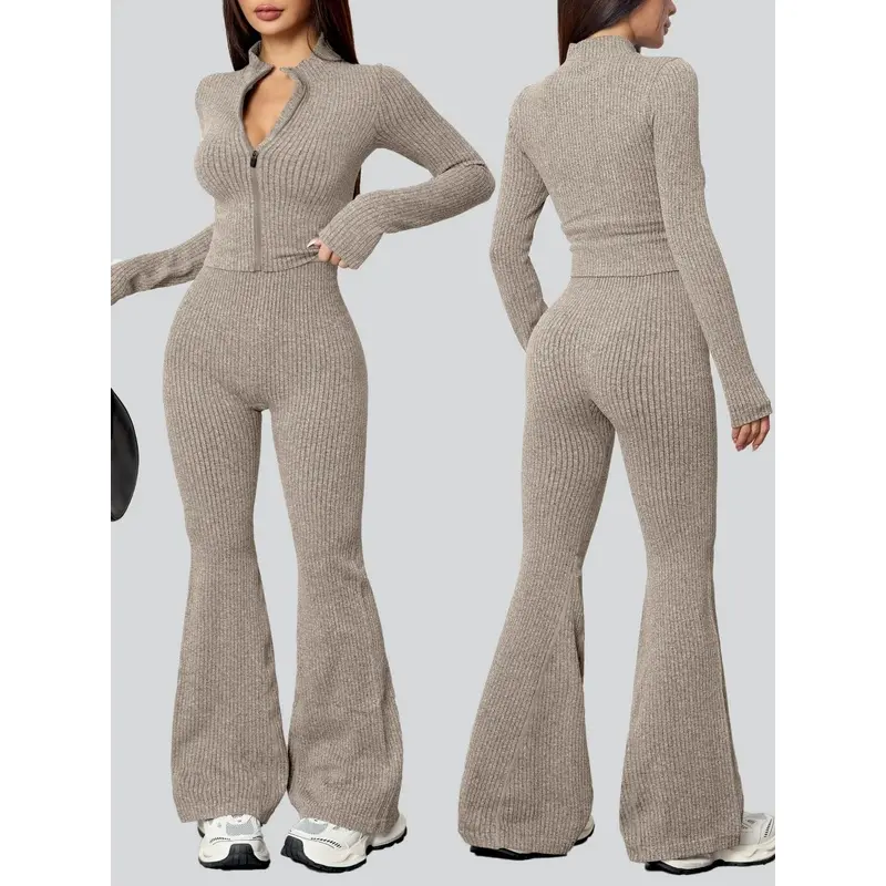 Women's Solid Zipper Elastic Tracksuit, Autumn/Winter Bootcut Fitness Sport Set for Yoga Training