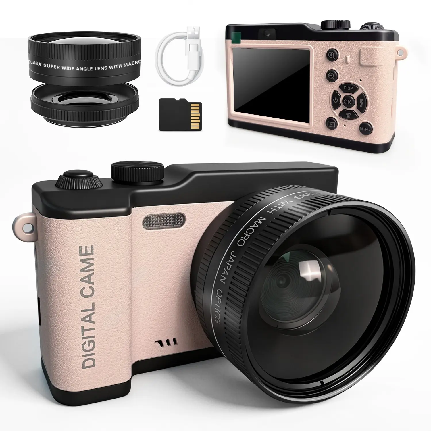 Digital Camera with Detachable Wide Angle Lens, Digital Zoom, Includes Storage Card, Ideal Gift for Photography Beginners