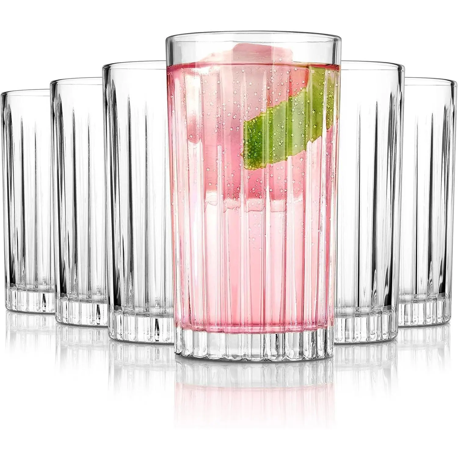 Premium VertiLine 13.5oz Highball Glasses Set of 6 (Tall glasses) | Heavy Tall Glass Sets. Lead-Free Crystal Drinking Glasses. Water Glasses, Mojito Glass Cups, and Mixed Drink Cocktail Glasses